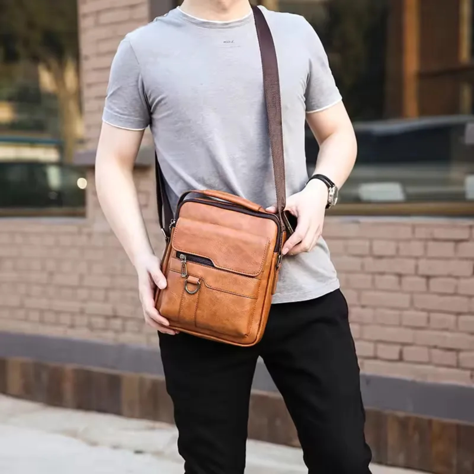 Cross Body Leather Bag Waterproof 10.2″x8.6″x2.75″ Khaki Brown Black Free Ship U