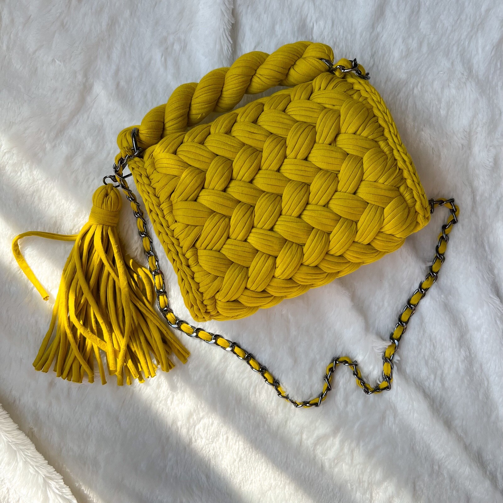 $159 NWOT Handmade Crochet Knitted Luxury Fashion Shoulder Bag Mustard Yellow