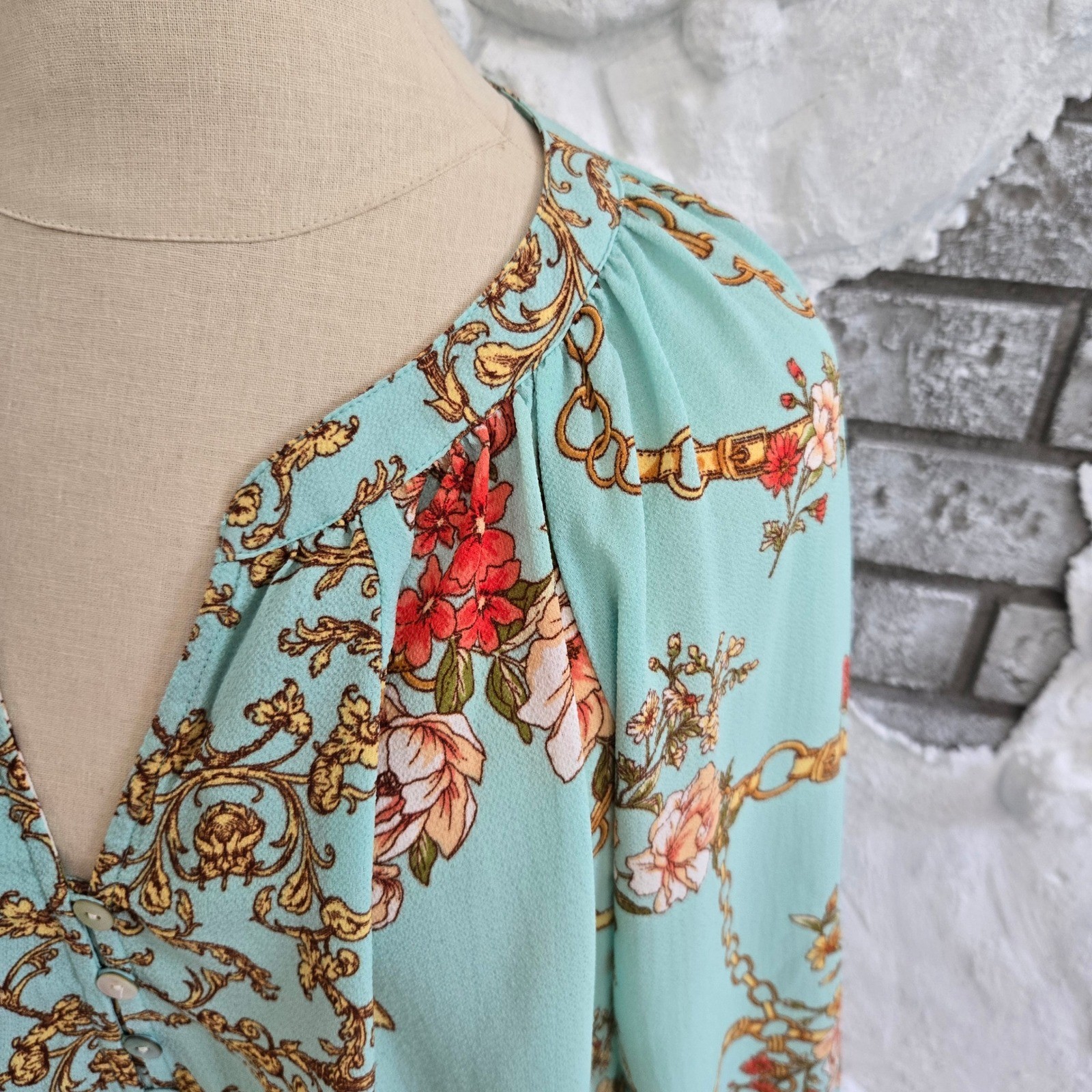 Fig and Flower Peasant Romantic Boho Floral Chain Baroque Tie Cuff Blouse Size M