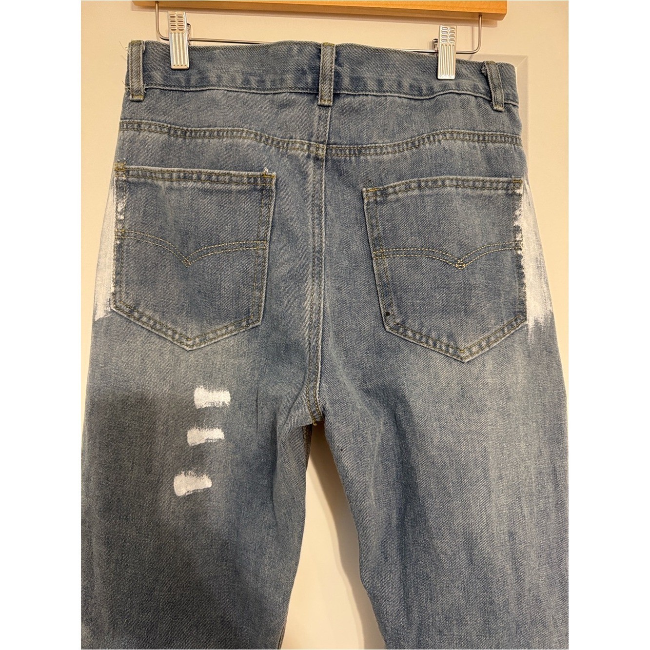 Gallery Dept Two-Tone Distressed Blue Flare Jeans with Embellished Hem