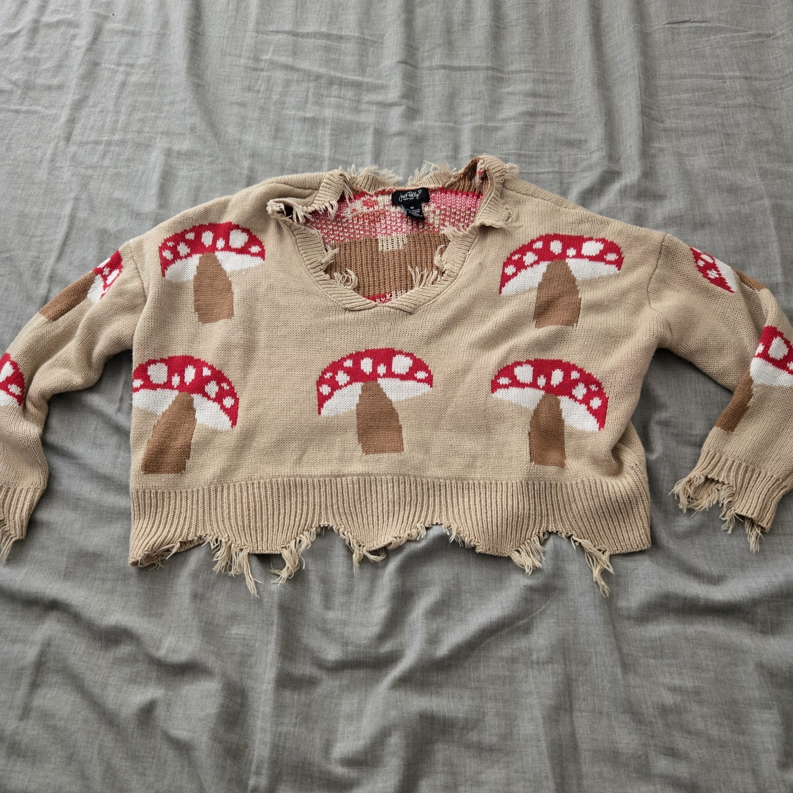 Just Polly Cropped Distressed fringe Mushroom Sweater Size Medium Drop Shoulder