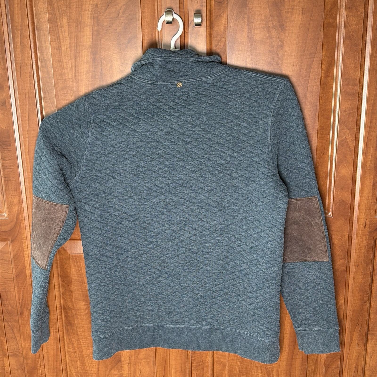 Billy Reid Quilted Sweater Men L Blue Pullover Cowl Shawl Neck Elbow Patches