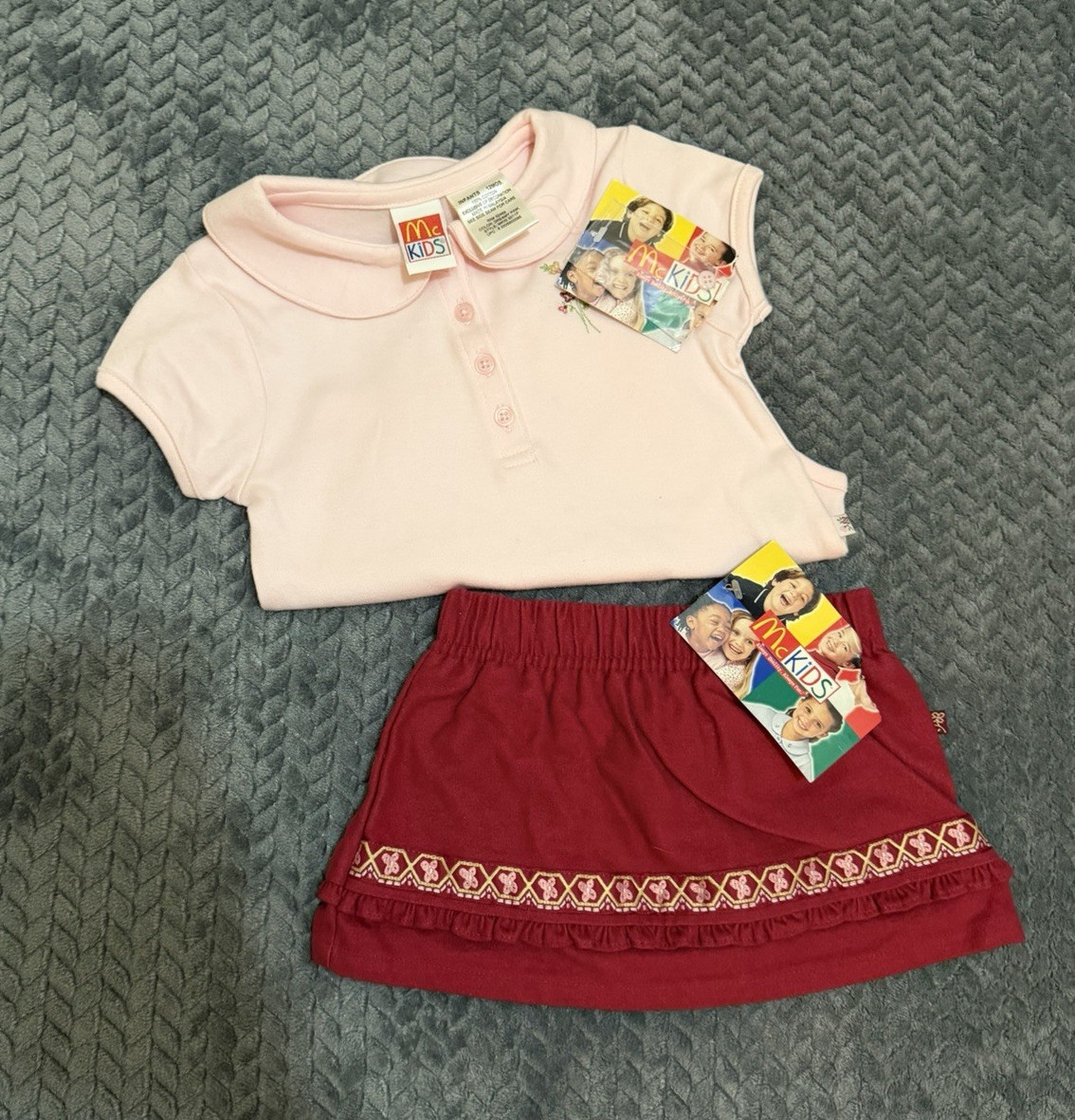 Vintage McKids Girls 2pc Skirt Set 12 Months Pink Top Red Skirt Cotton Knit