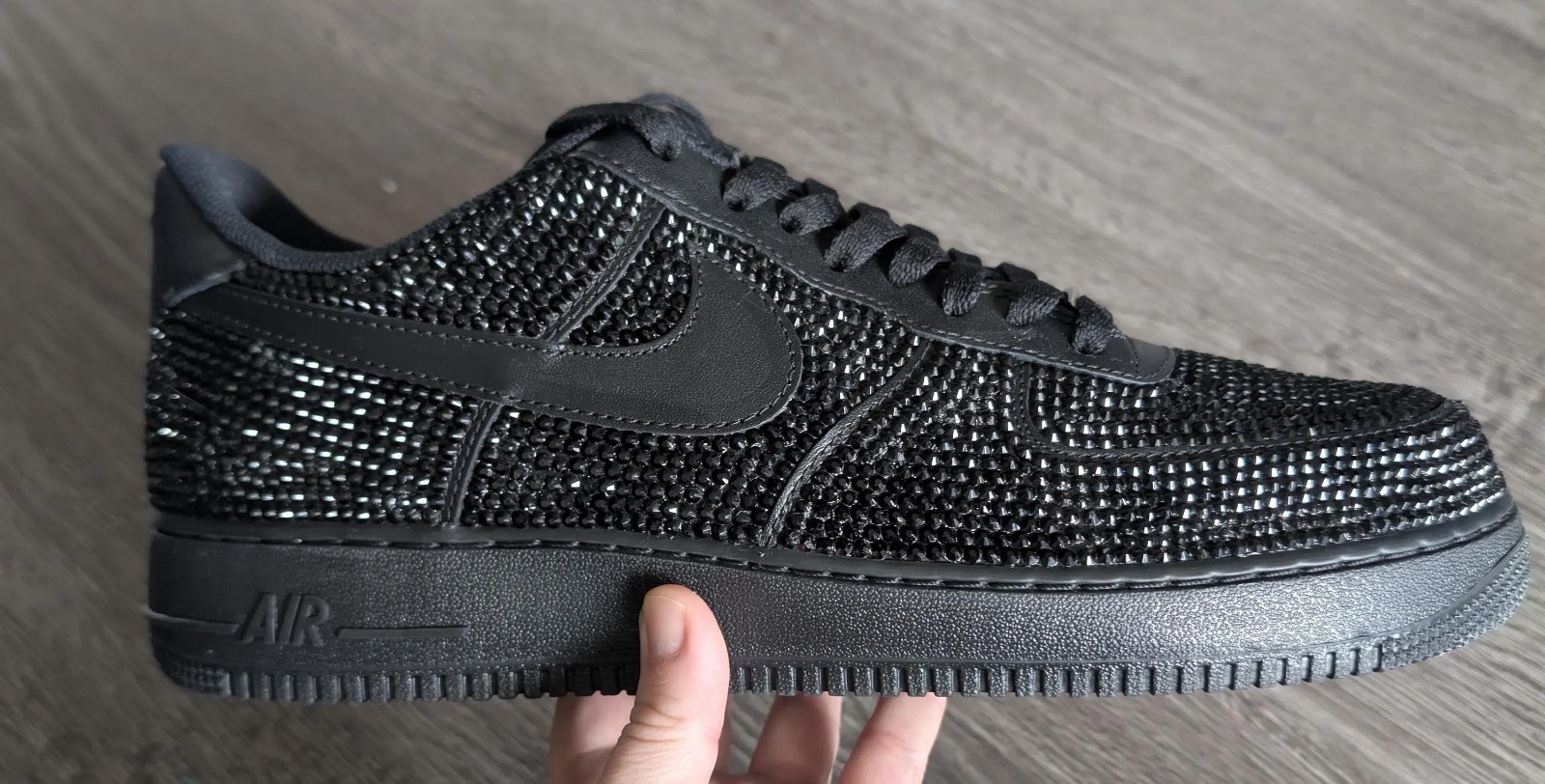 Custom Nike Air Force 1s with Crystal Clear Rhinestones, All Black