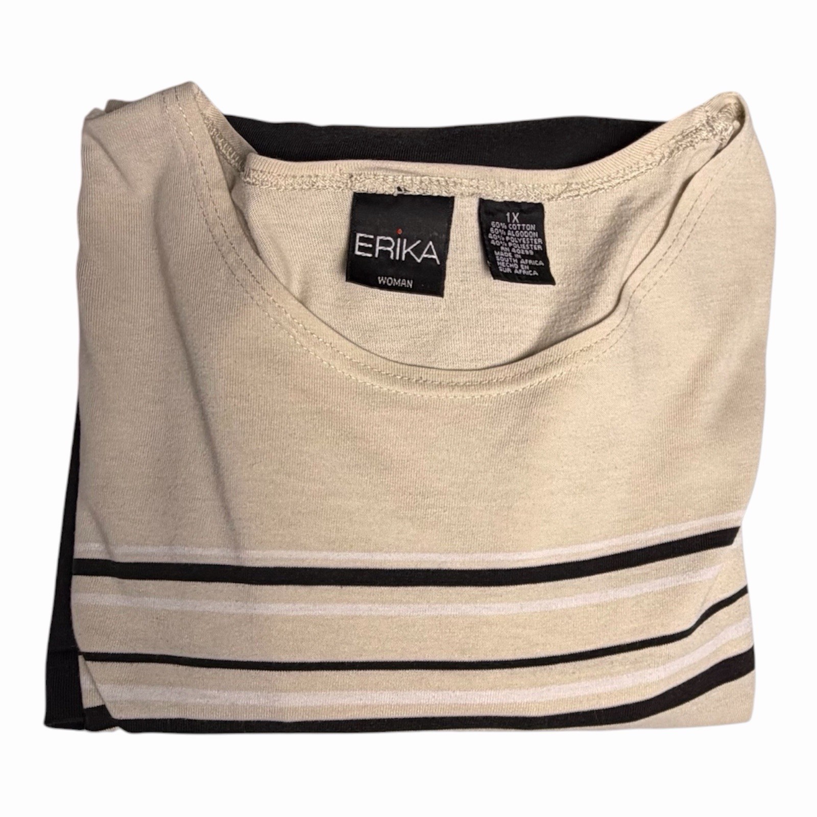 Erika Women 1X Striped Tunic Top Beige Black 3/4 Sleeve Casual Stretch Tee