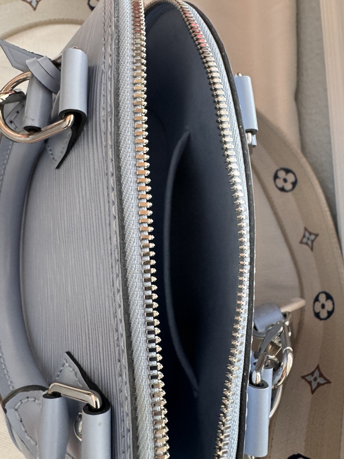 Louis Vuitton Alma Top Handle Bag BB Light Blue Epi Zip w/ Strap & Lock