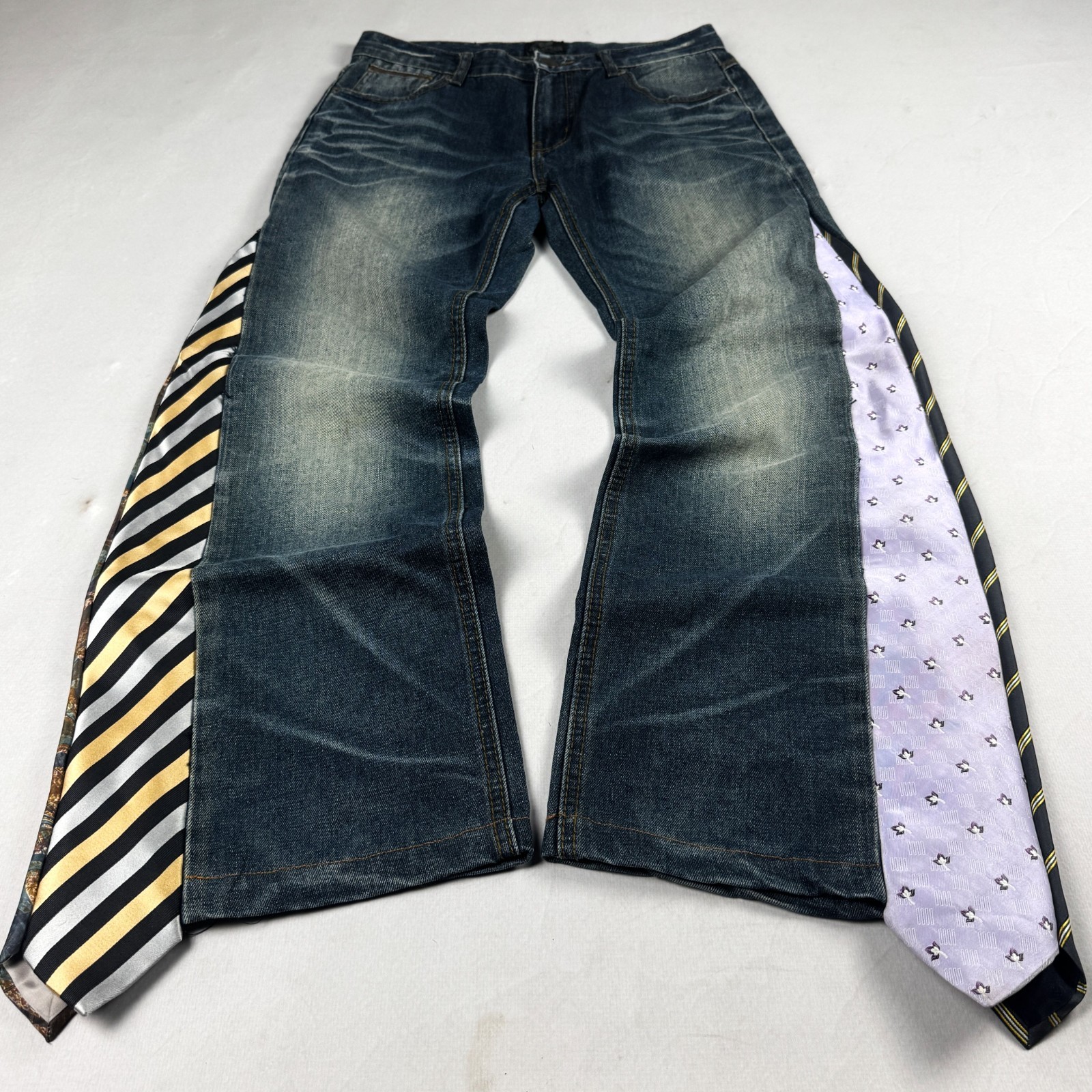 Vintage Custom Tie Panel Jeans Wide Leg Y2K Patchwork Denim Streetwear Unique