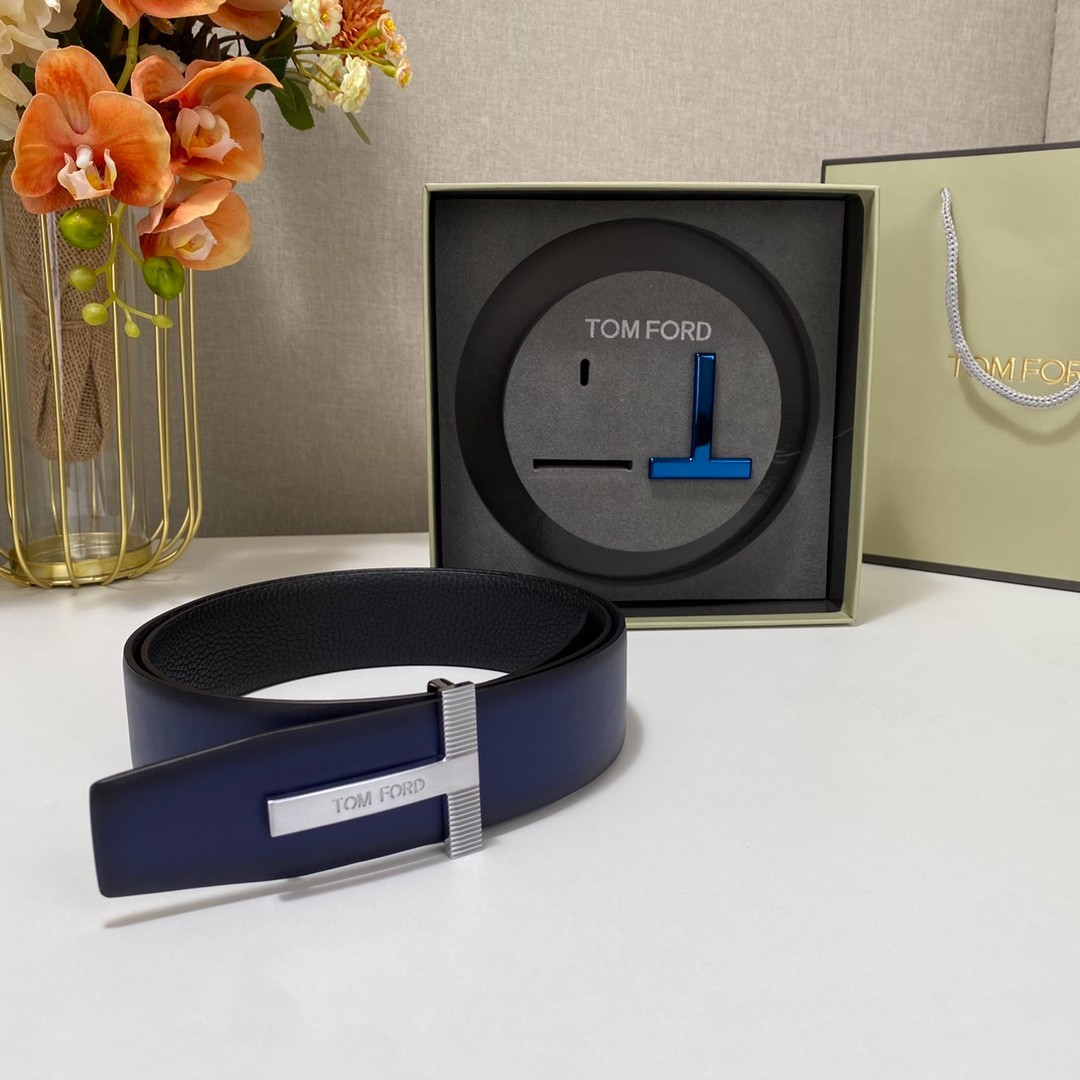 Tom Ford Mens T Logo Blue/Black Leather Dress Belt S.S. Buckle
