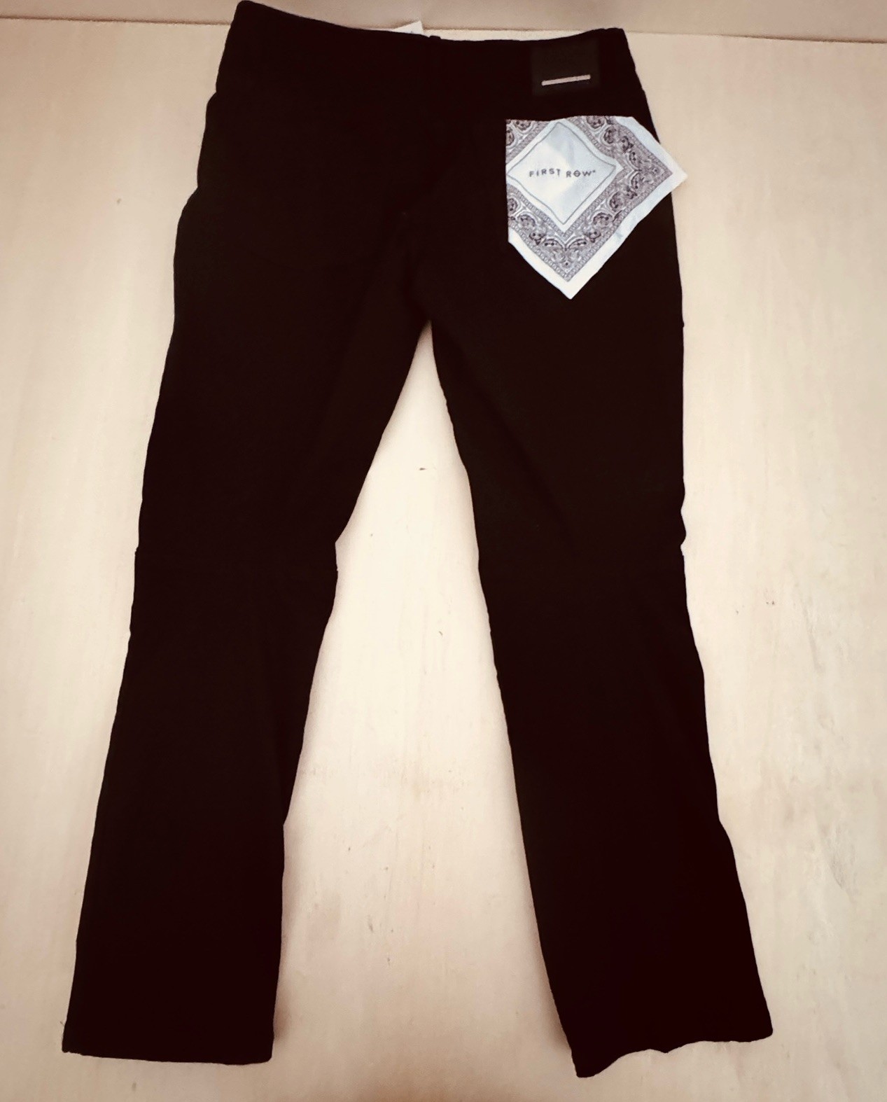First Row Mens Black Denim Jeans Racing Patches Slim Fit Size 38×32 NWT