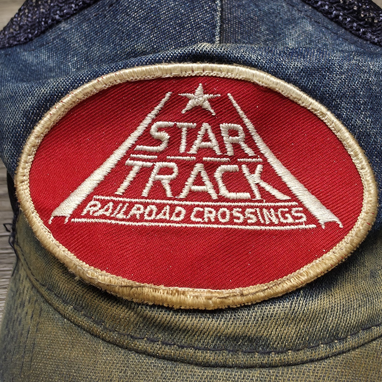 Vintage Star Track Train Railroad Crossing Denim Hat – Right Of His Head