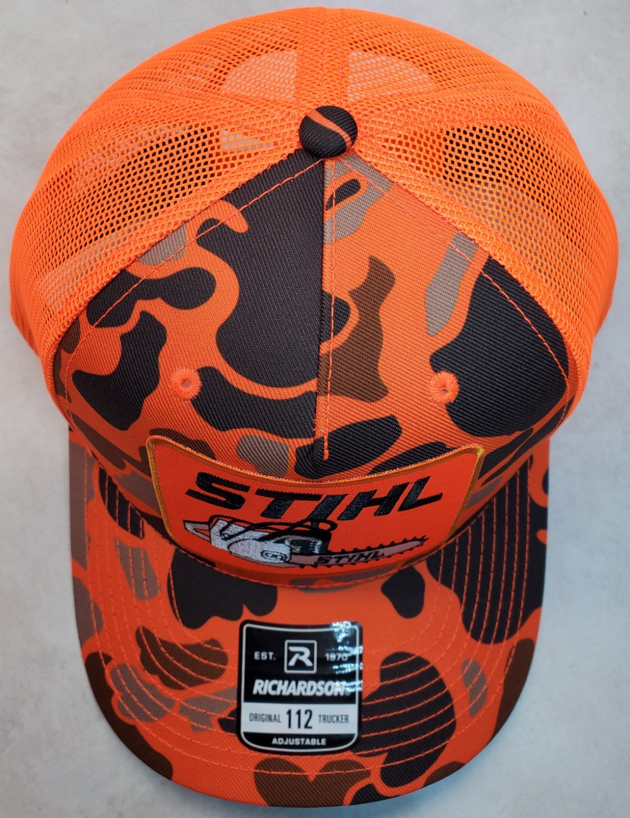STIHL Patch on Richardson 112 Trucker Hat Snapback / Blaze Orange Camo