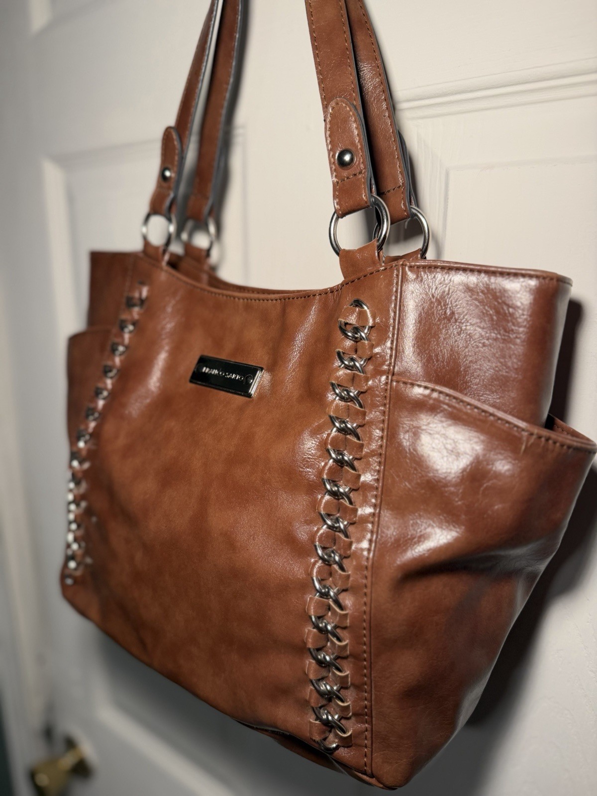 Franco Sarto Brown Shoulder Bag Silver Chain Accents Magnetic Closure Geometric