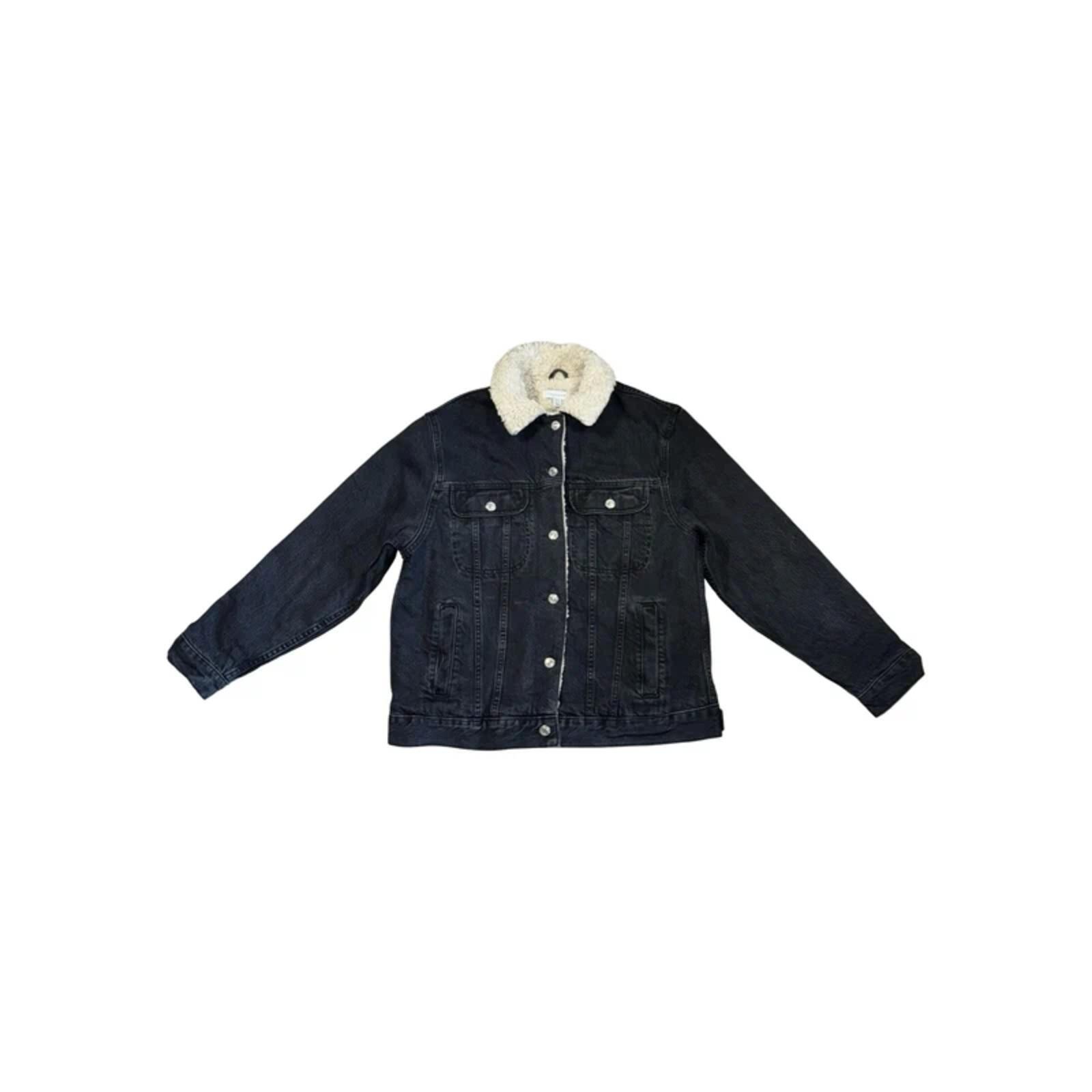 Topshop Black Sherpa Denim Jacket Size 8 Faux Fur Lined Borg Trucker Coat