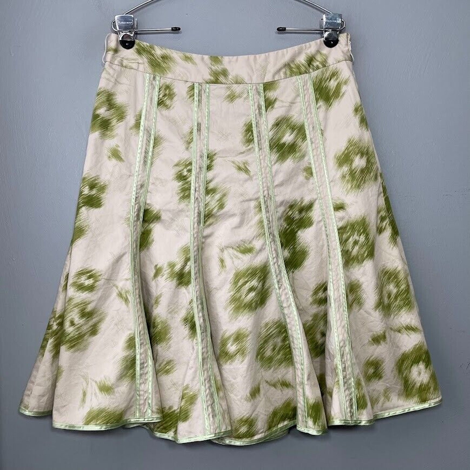Old Navy Just Below Skirt Waist Size 10 Green Beige Midi Flare Ribbon Y2K Artsy