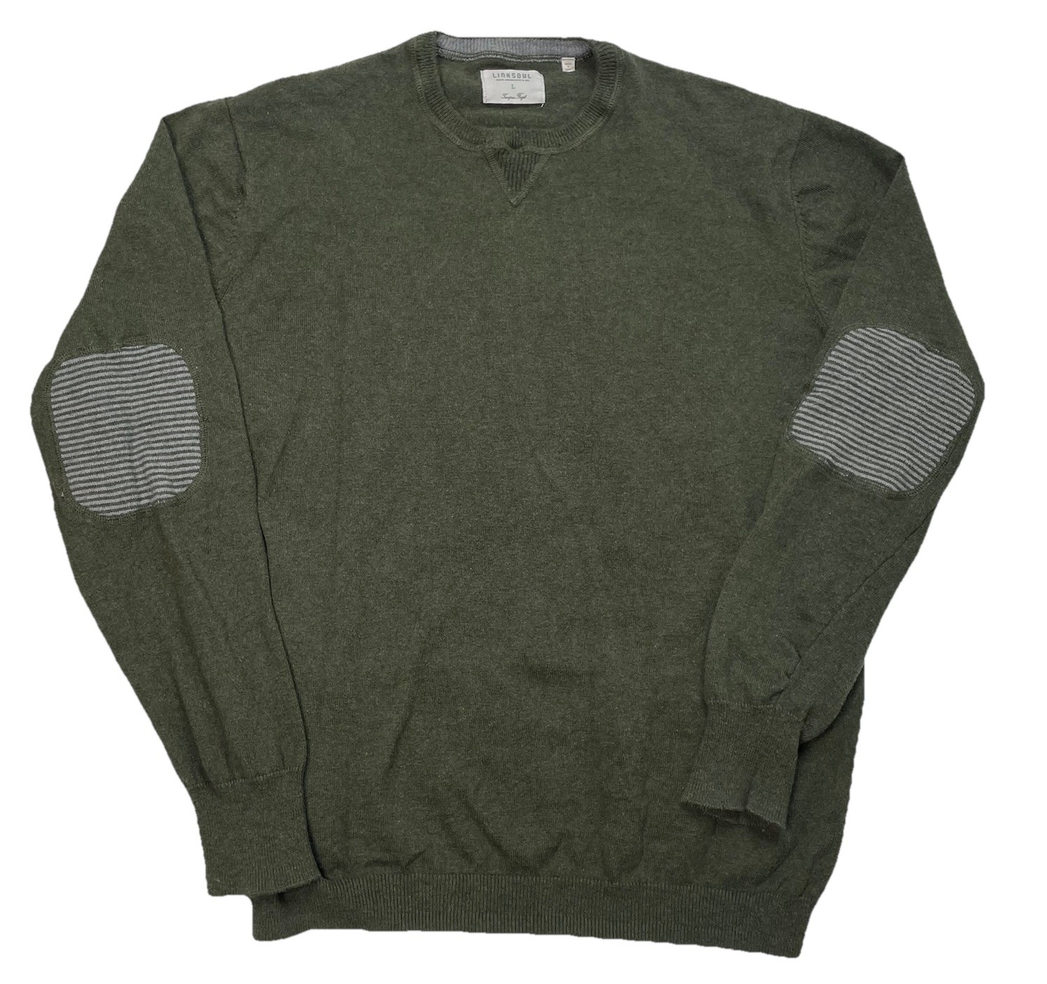 Linksoul Men’s Size L Large Cotton Cashmere Sweater Green Elbow Patches Luxury