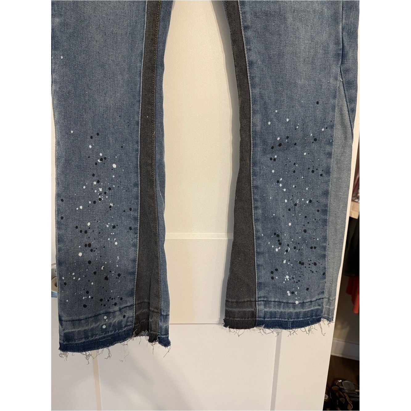 Gallery Dept Two-Tone Distressed Blue Flare Jeans with Embellished Hem