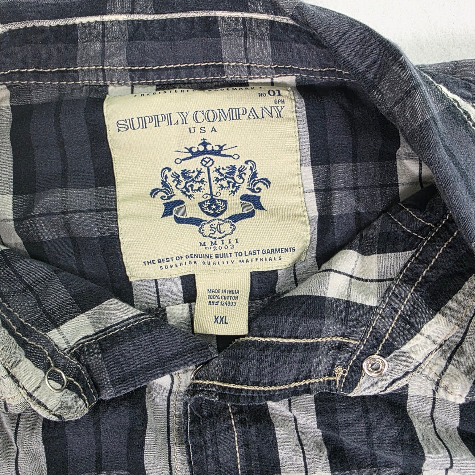 Supply Company USA Mens XXL Plaid Snap Front Western Shirt NavyWhite Cotton