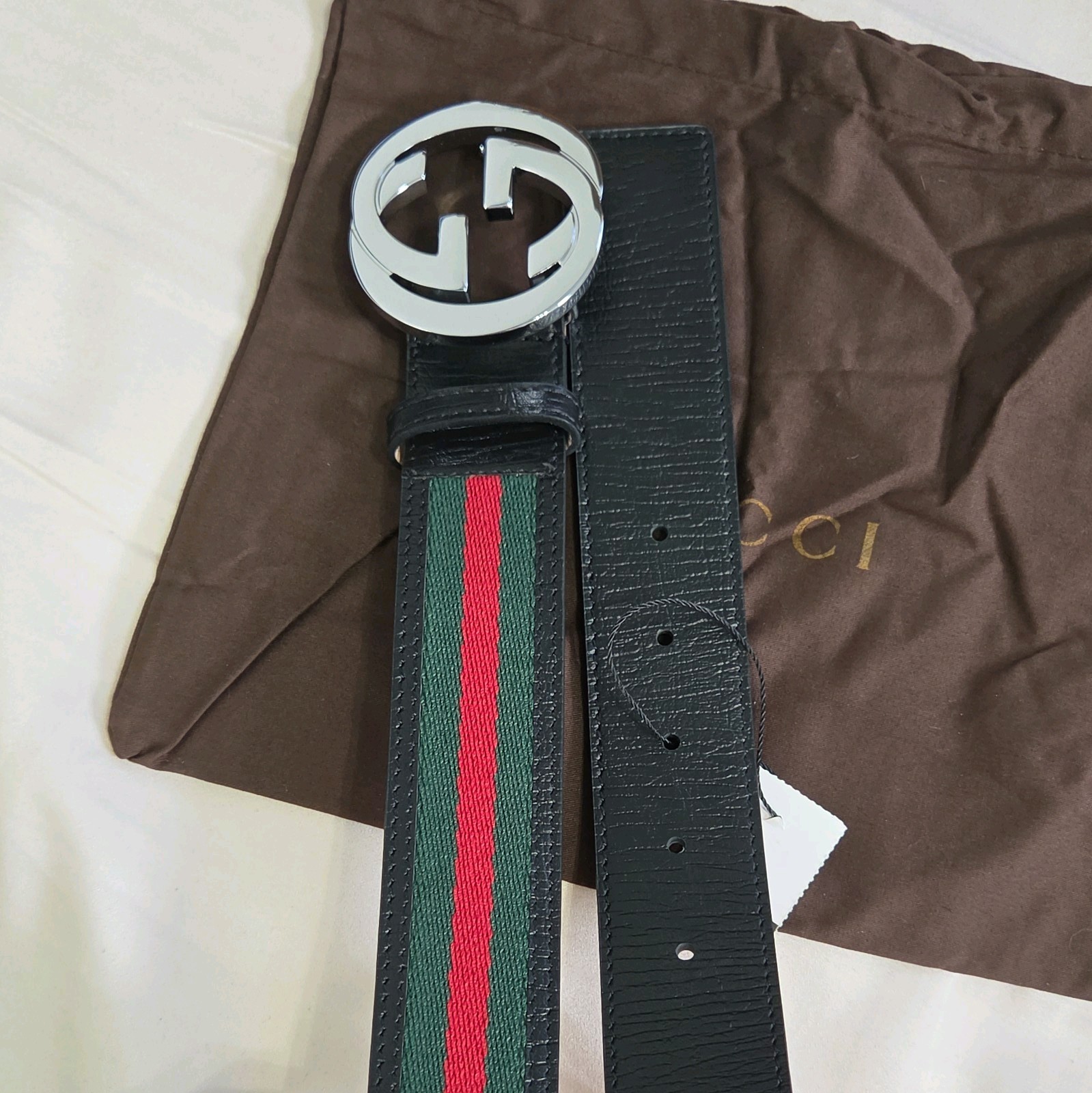Authentic Gucci Black Green And Red Striped Belt, Men Size 34-36 IT 100CM