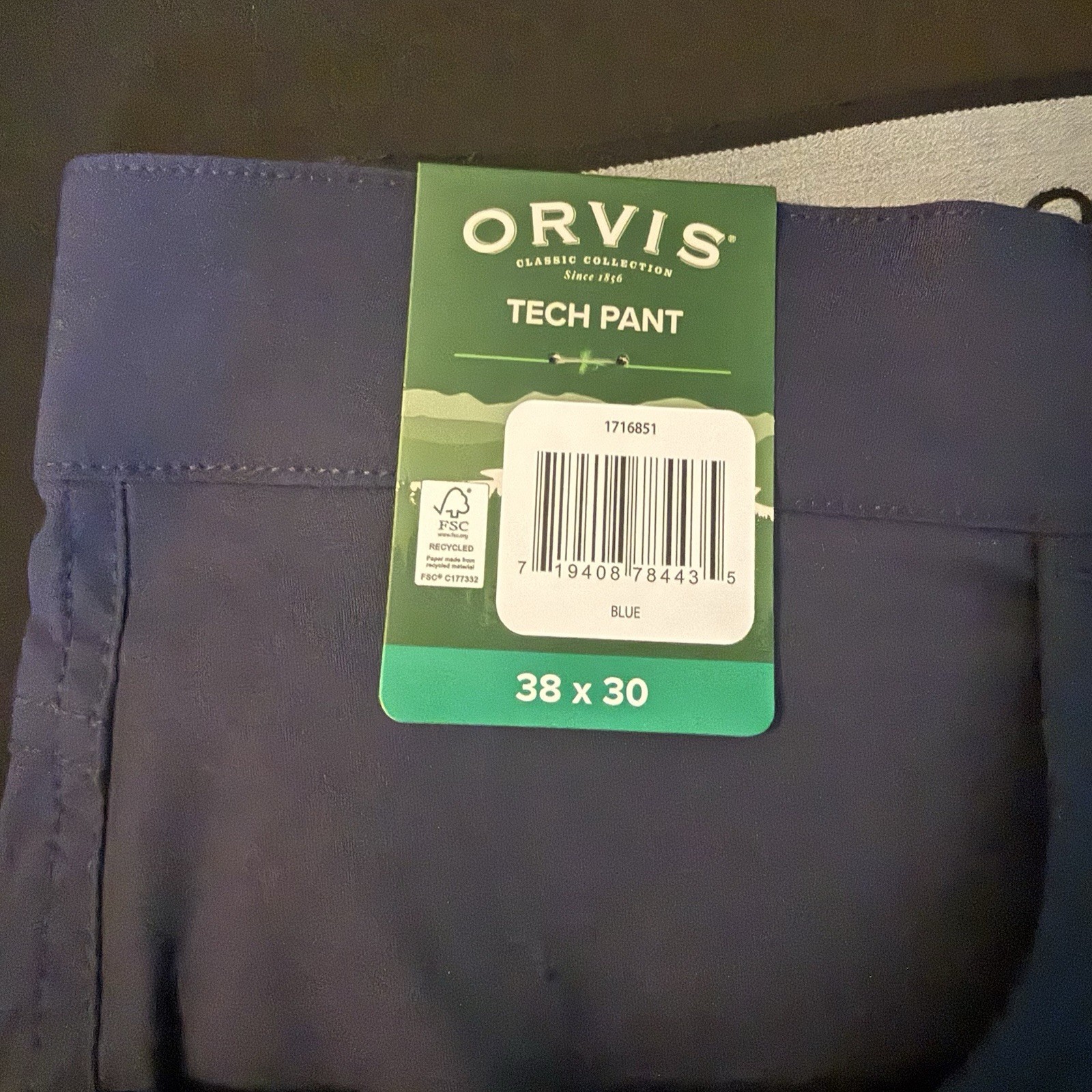 Orvis Tech Pants Men’s 38×30 NWT Blue Stretch Water Repellent Hiking Travel