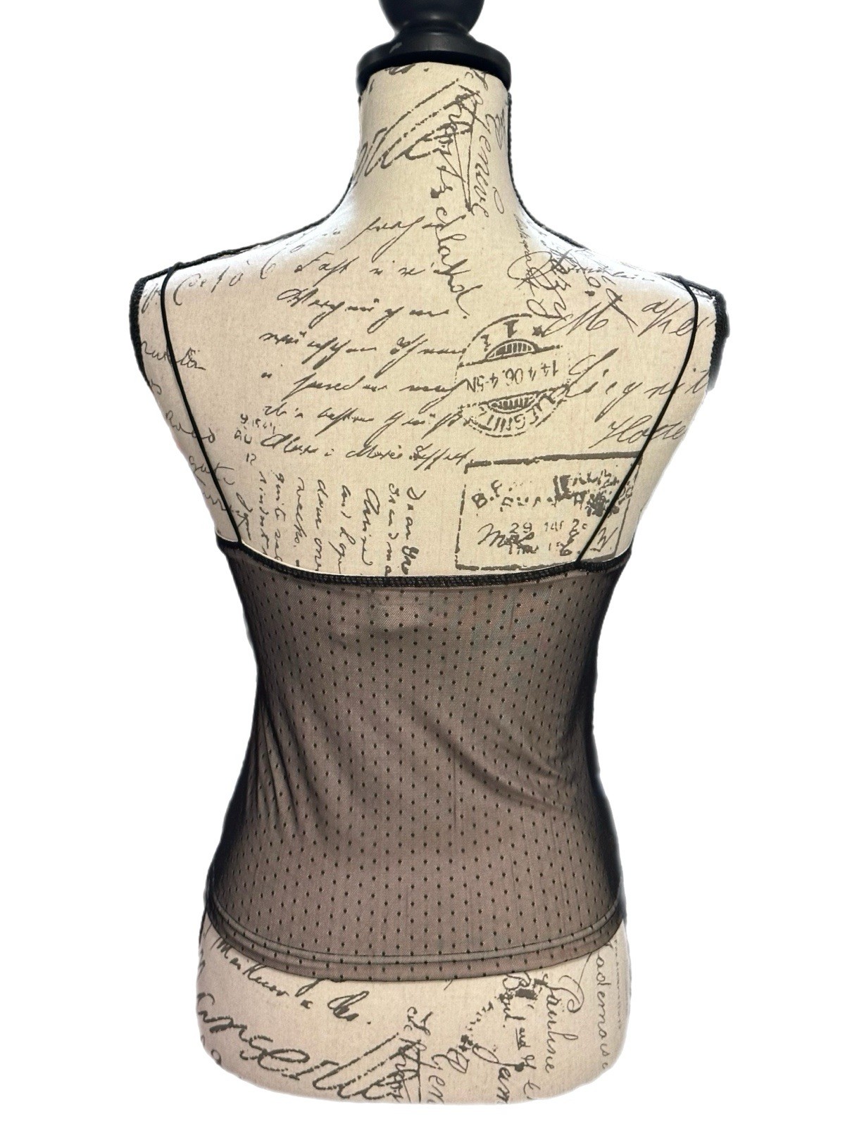 Vtg Moda Black Polka Dot Overlay Crop Tank w/ Lace Neckline Sz S EUC Y2K Goth