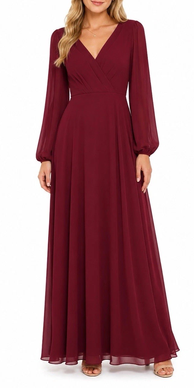 JJ’S House A Line V-Neck Full Length Chiffon Burgandy Mother Of The Bride