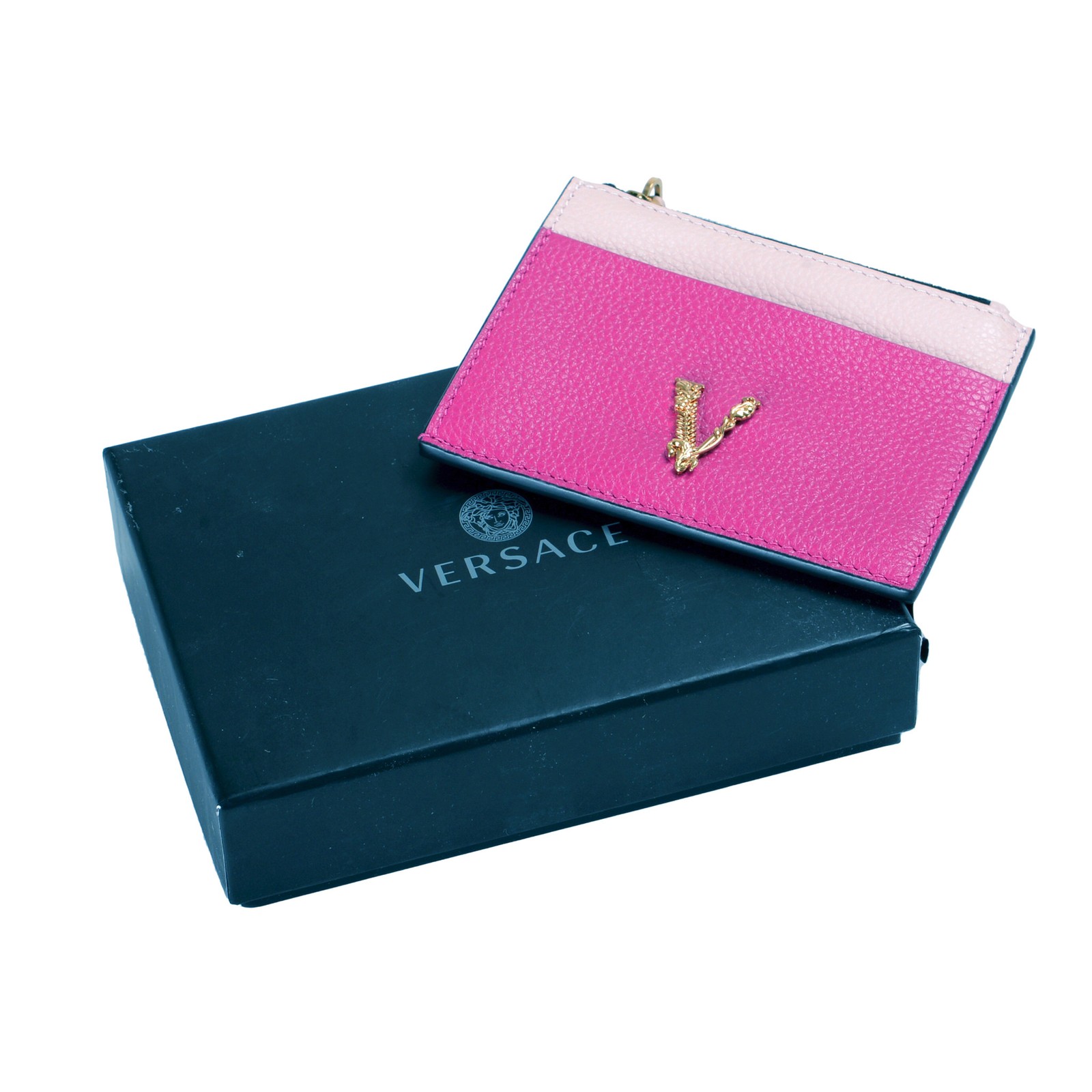 Versace Women’s Purple & Pink 100% Textured Leather V-Logo Card Case