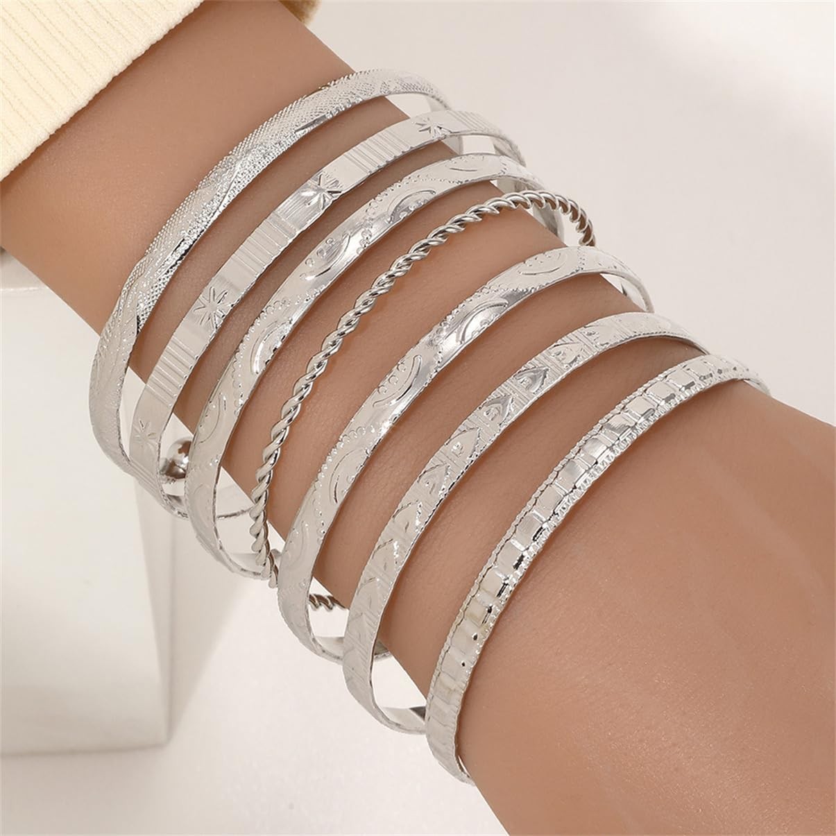 LXSSLY 7Pcs Silver Cuff Bracelets Set for Women,Boho Multi 2.36 in, Silver2