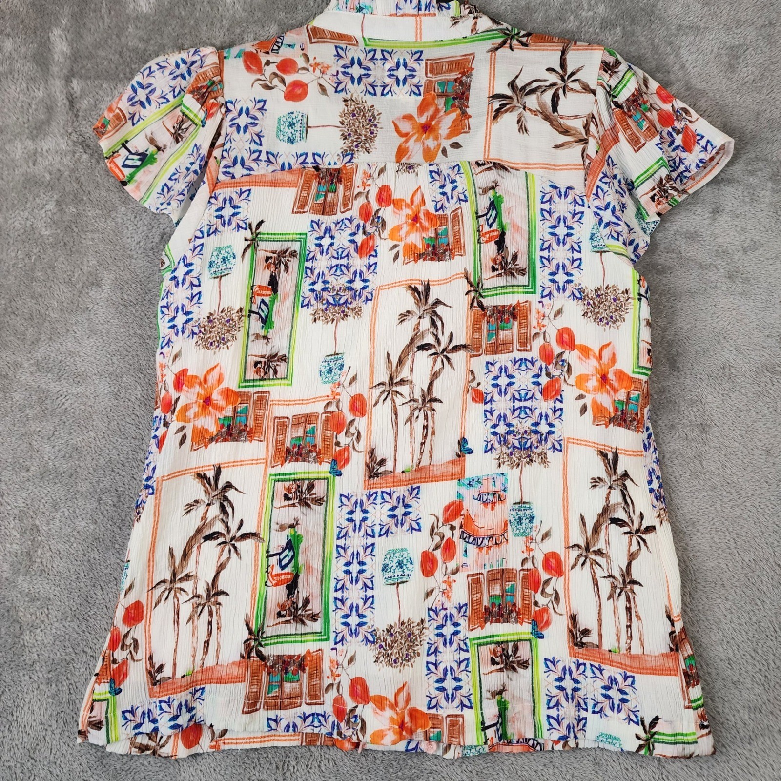 Umgee Shirt Womens Medium Multicolor Tropical Patchwork Lace Trim Boho Blouse