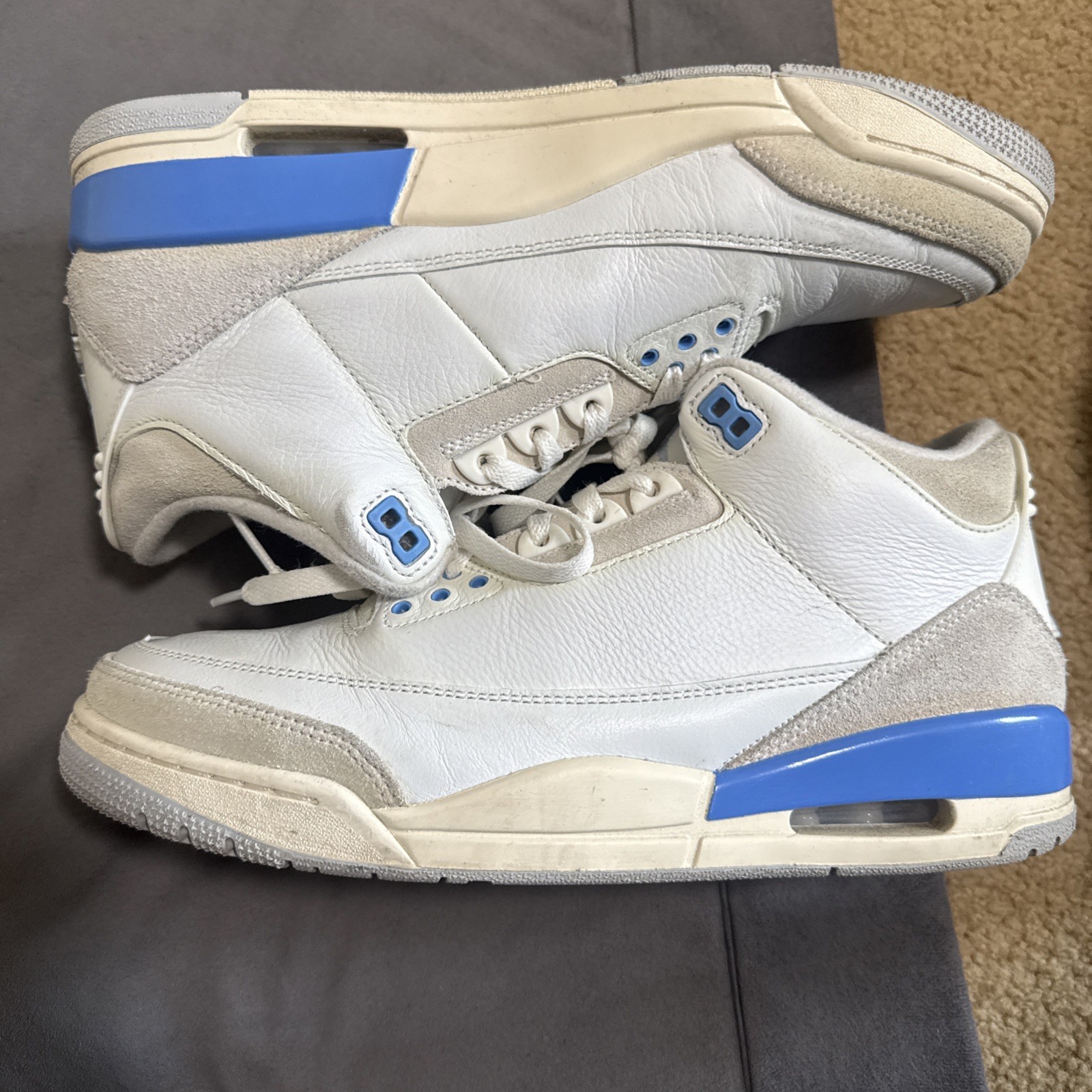 AIR JORDAN 3 RETRO LUCKY SHORTS SIZE 10.5 SLIGHTLY – USED WHITE BLUE