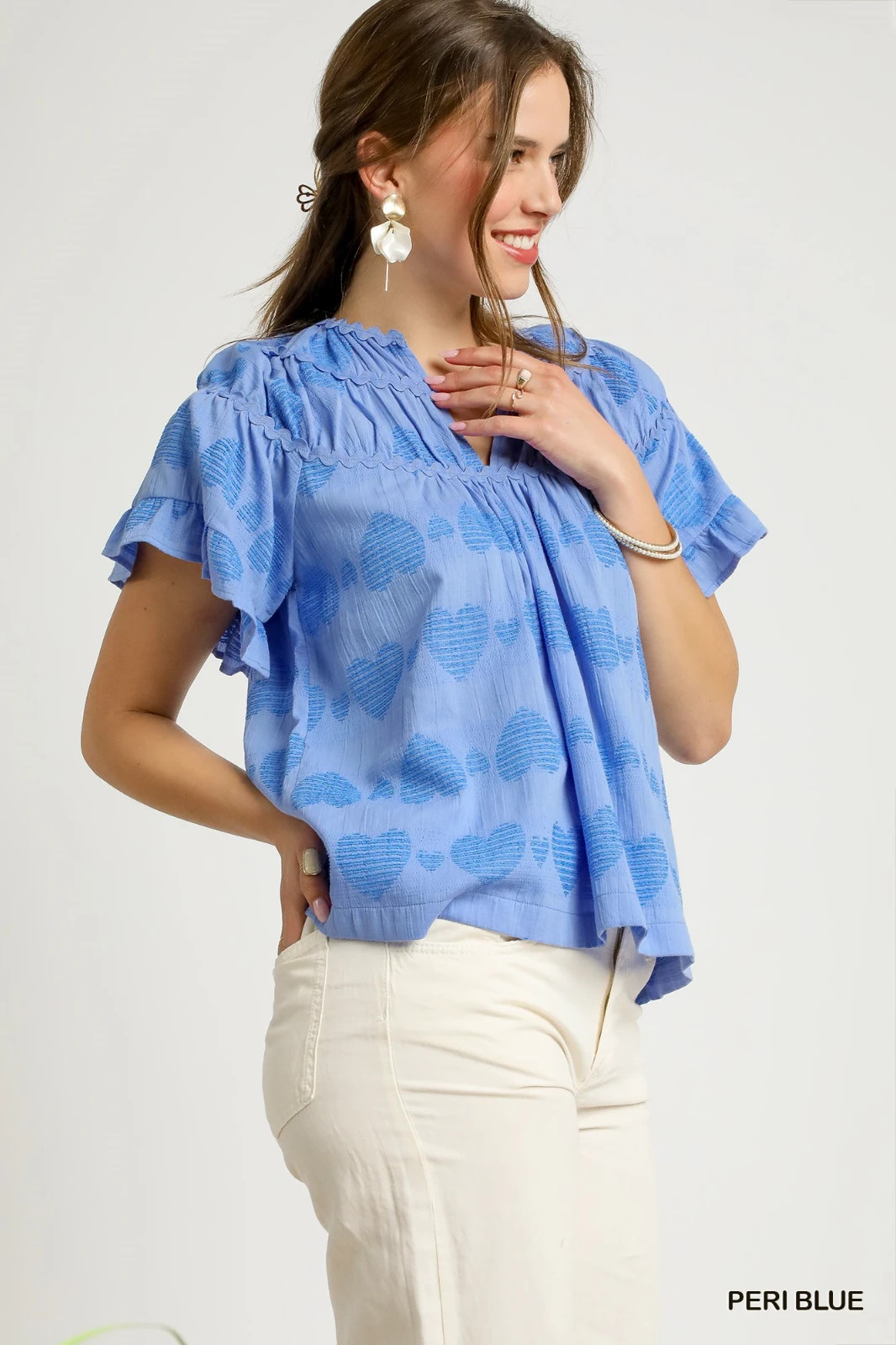 Peri Blue Umgee Heart Texture Design Flutter Sleeve Blouse Top Scalloped Yoke