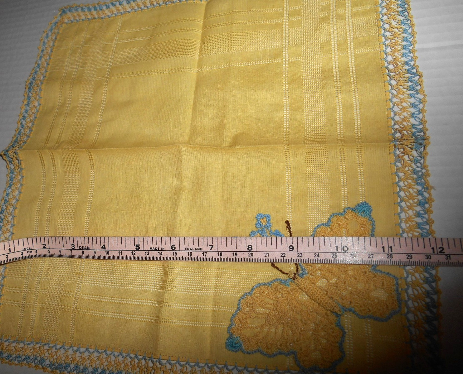 Vintage Handkerchief Hand Crocheted BUTTERFLY FORGET-ME-NOTS Tatted Edge UNUSED