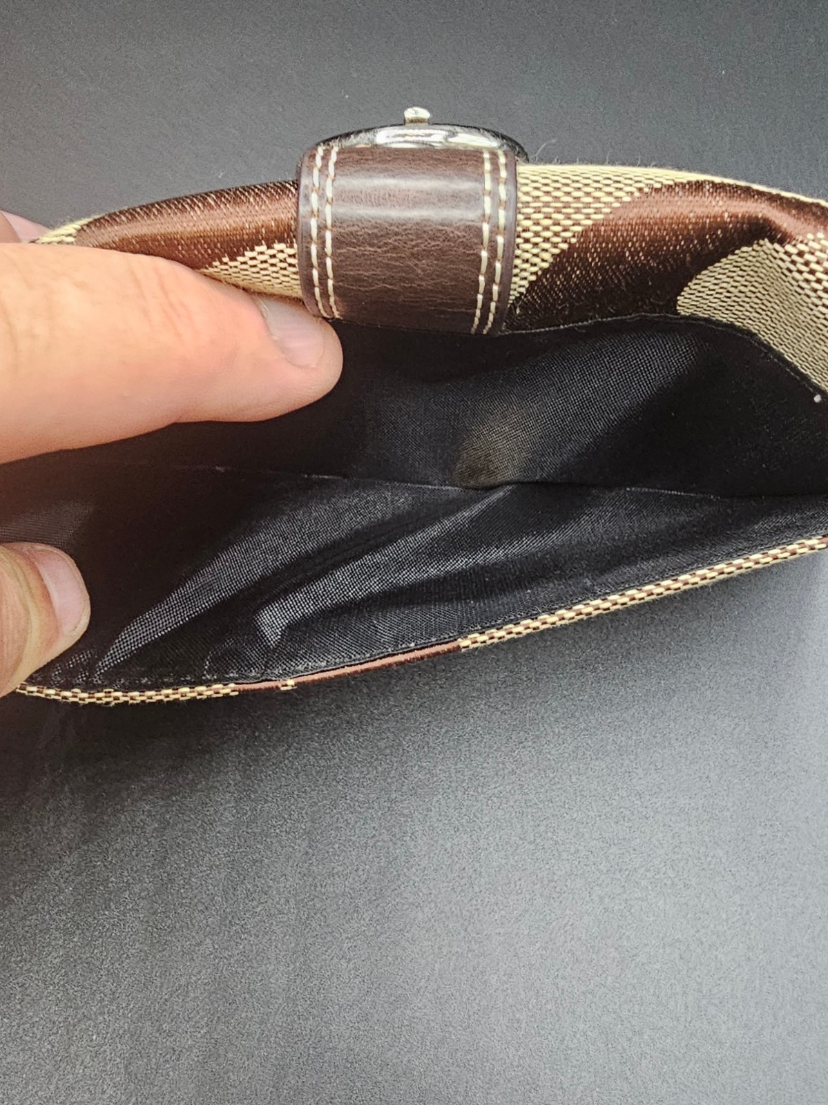 Brown Jacquard Canvas Long Wallet Checkbook Clutch Faux Leather Snap Closure