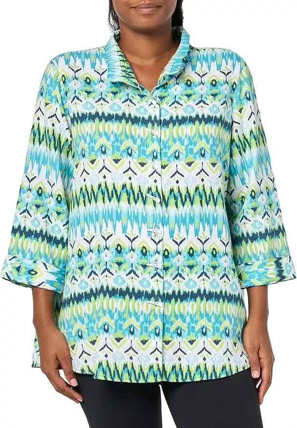 NWT ALI MILES Blue Green Ikat Floral Linen Artsy Toggle Button Up Top SIZE 2X