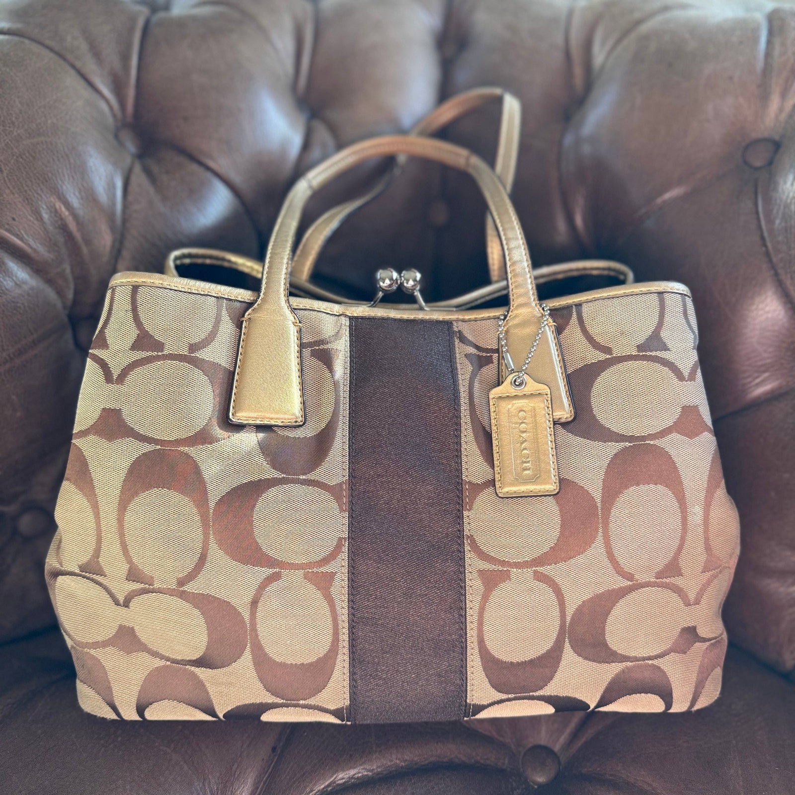 Coach Signature Stripe Framed Kisslock Tote Bag D1071-F13533