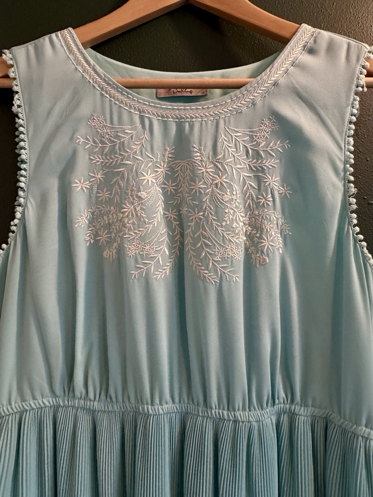 Darling Robin’s Egg Blue Sleeveless Embroidered Lined A-Line Knee Dress Size L