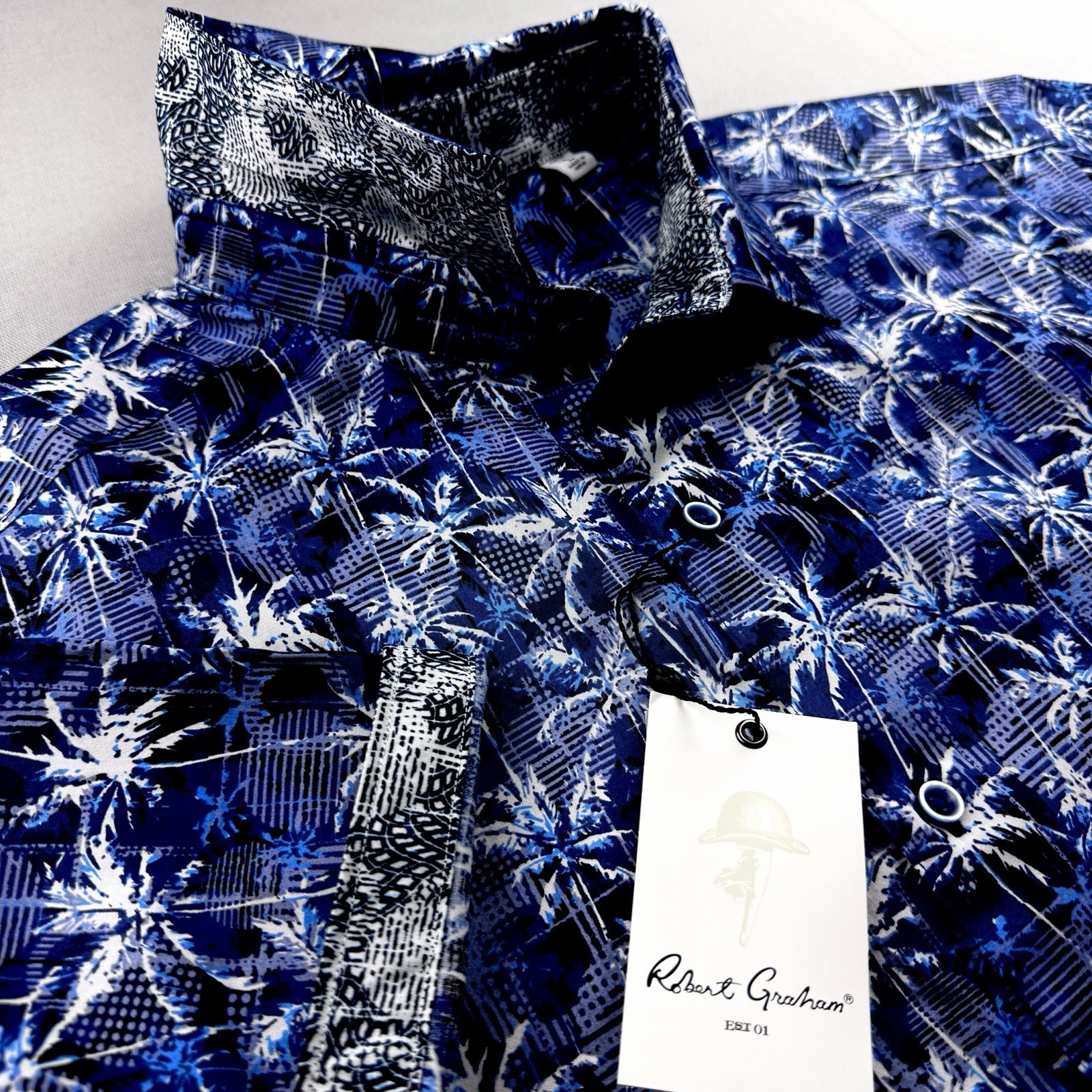 Robert Graham Geometric Floral Palm Tree Abstract Short Sleeve Shirt Blue 2XL