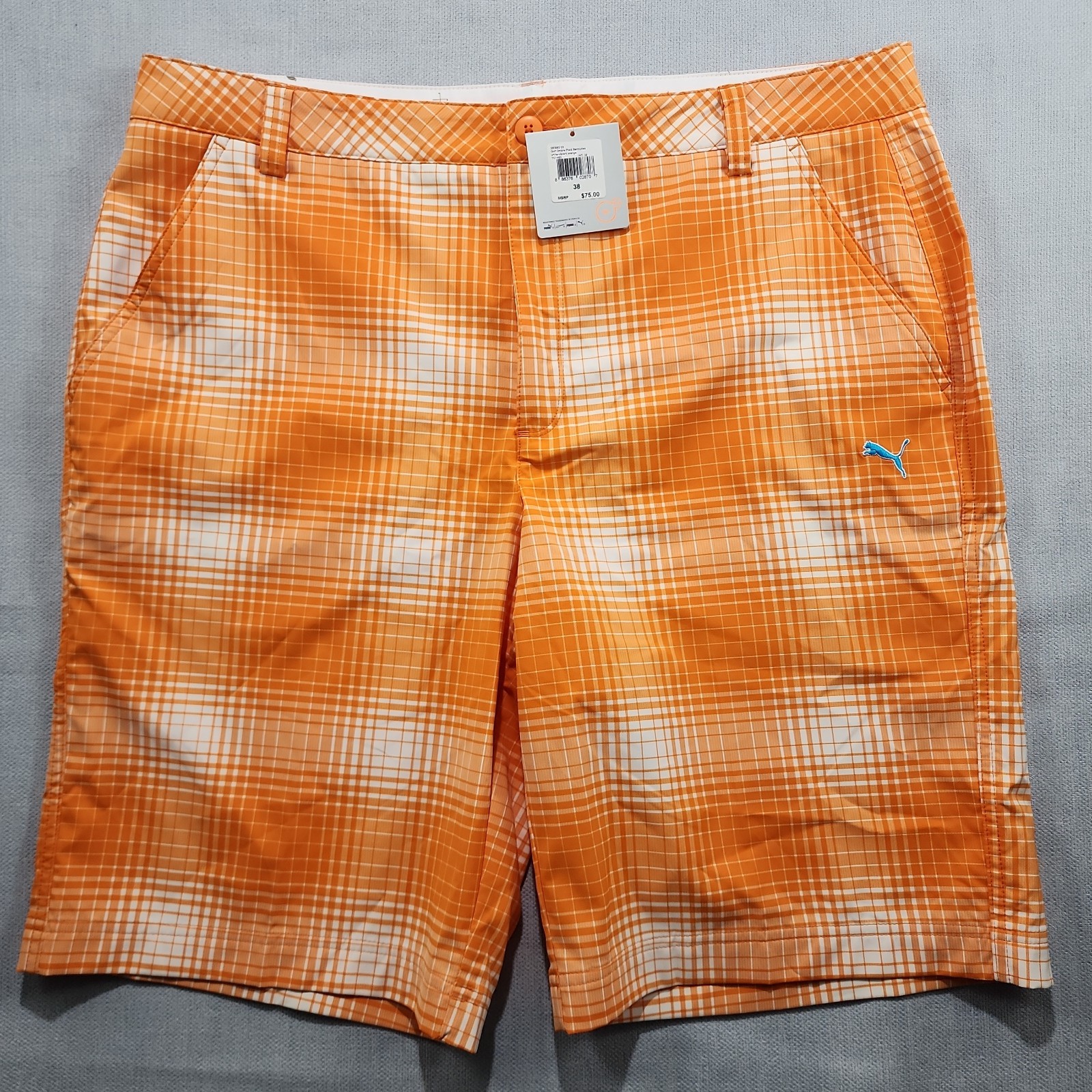 Puma Cobra Golf Mens Dry Cell Stretch Orange Plaids Casual Shorts Size 38 NWT