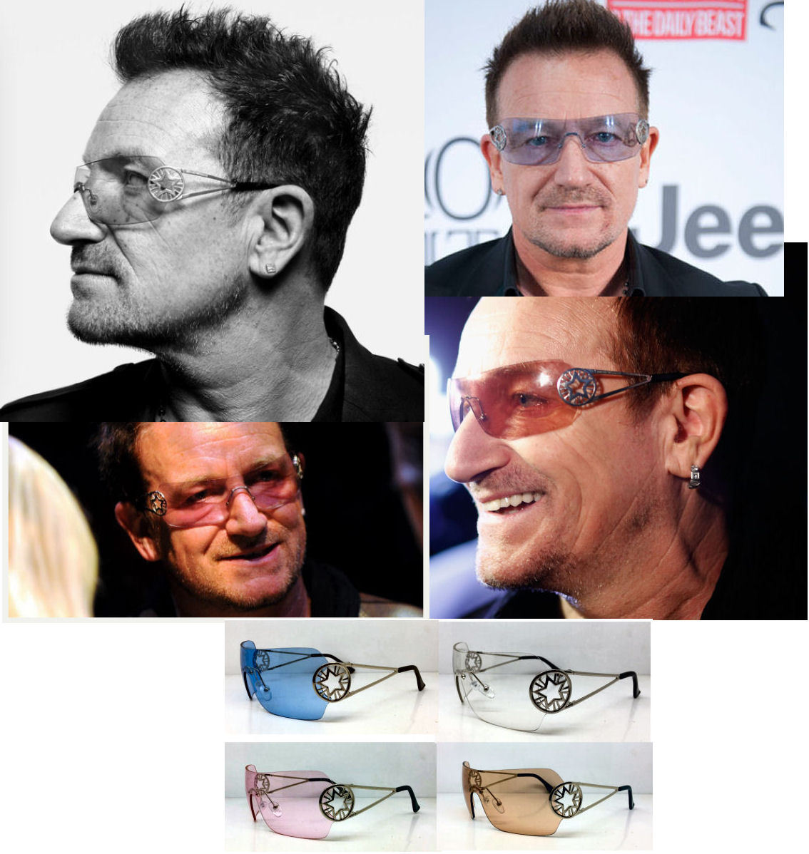 BONO SUNGLASSES SHIELD STAR MULTI COLOR CONCERT TOUR blue pink brown clear