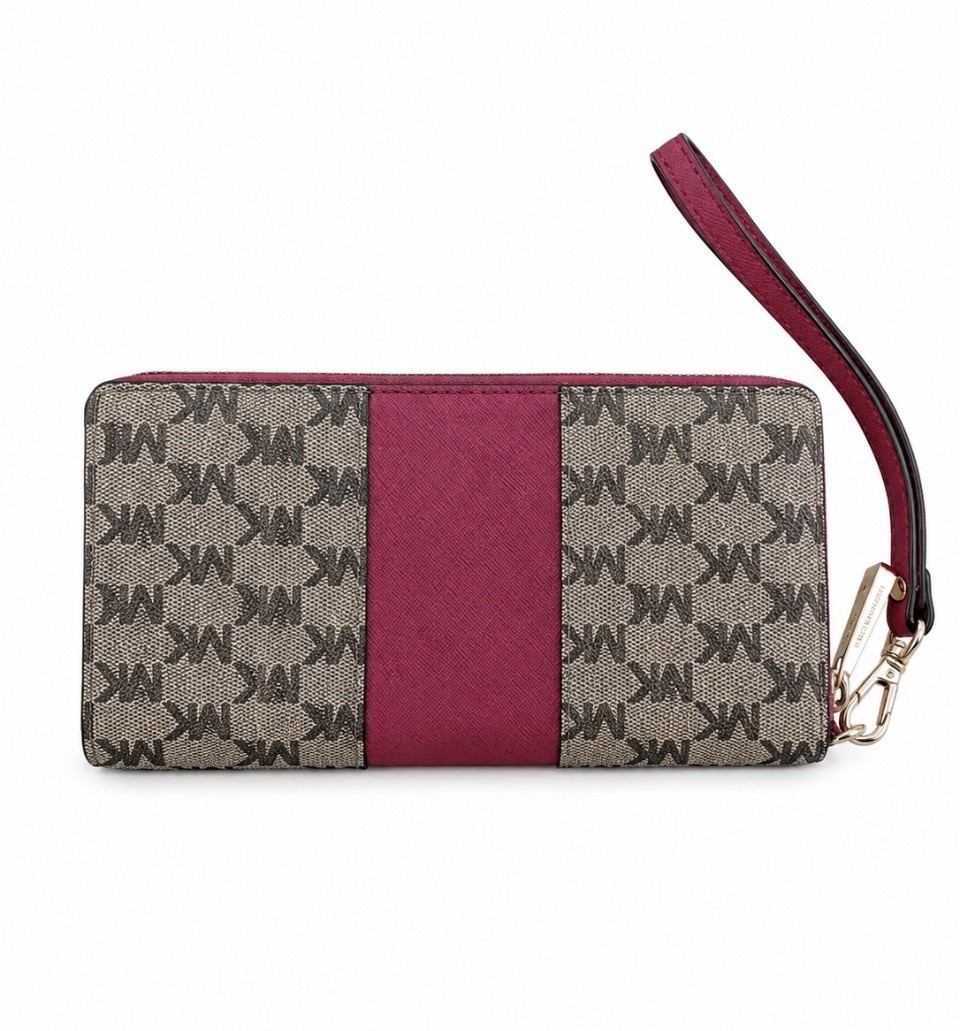 Michael Kors Jet Set Large Wallet Wristlet Brown Monogram Rasberry Center Stripe