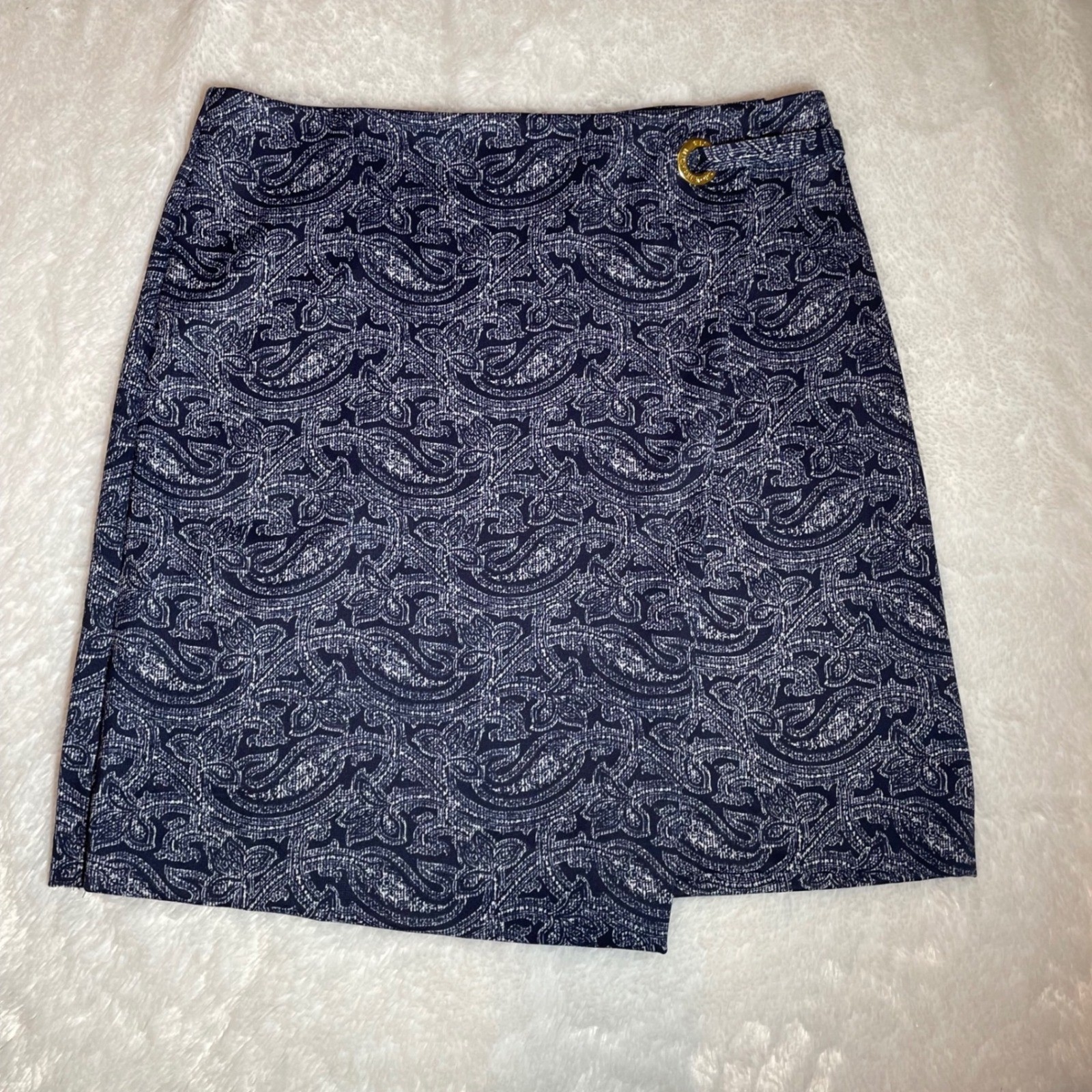 Michael Michael Kors Navy Paisley Faux Wrap Skirt Gold Logo Grommet Size Medium