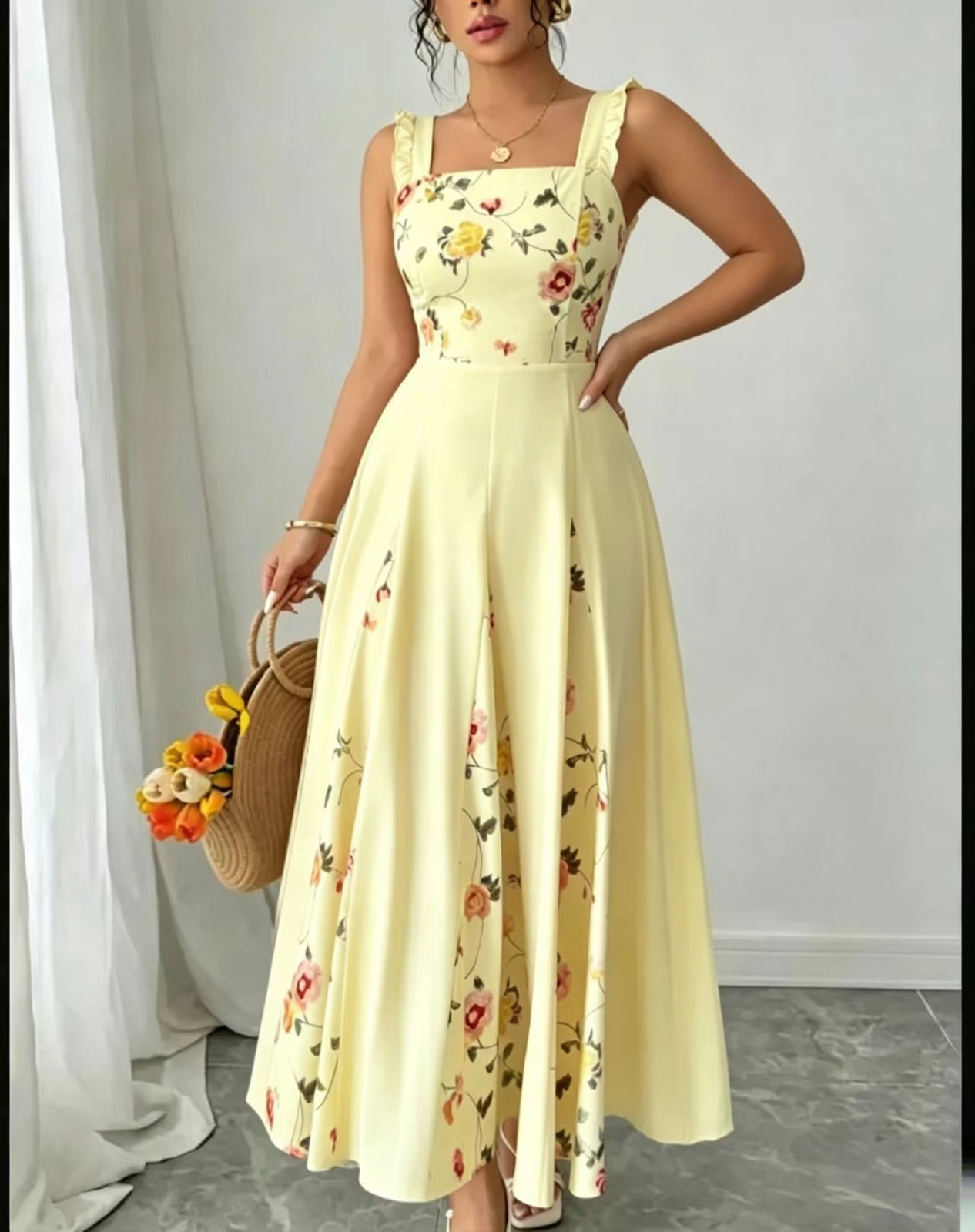 Women Square Neck Spaghetti Strap Floral Print Dress Waist Pleated Vacation