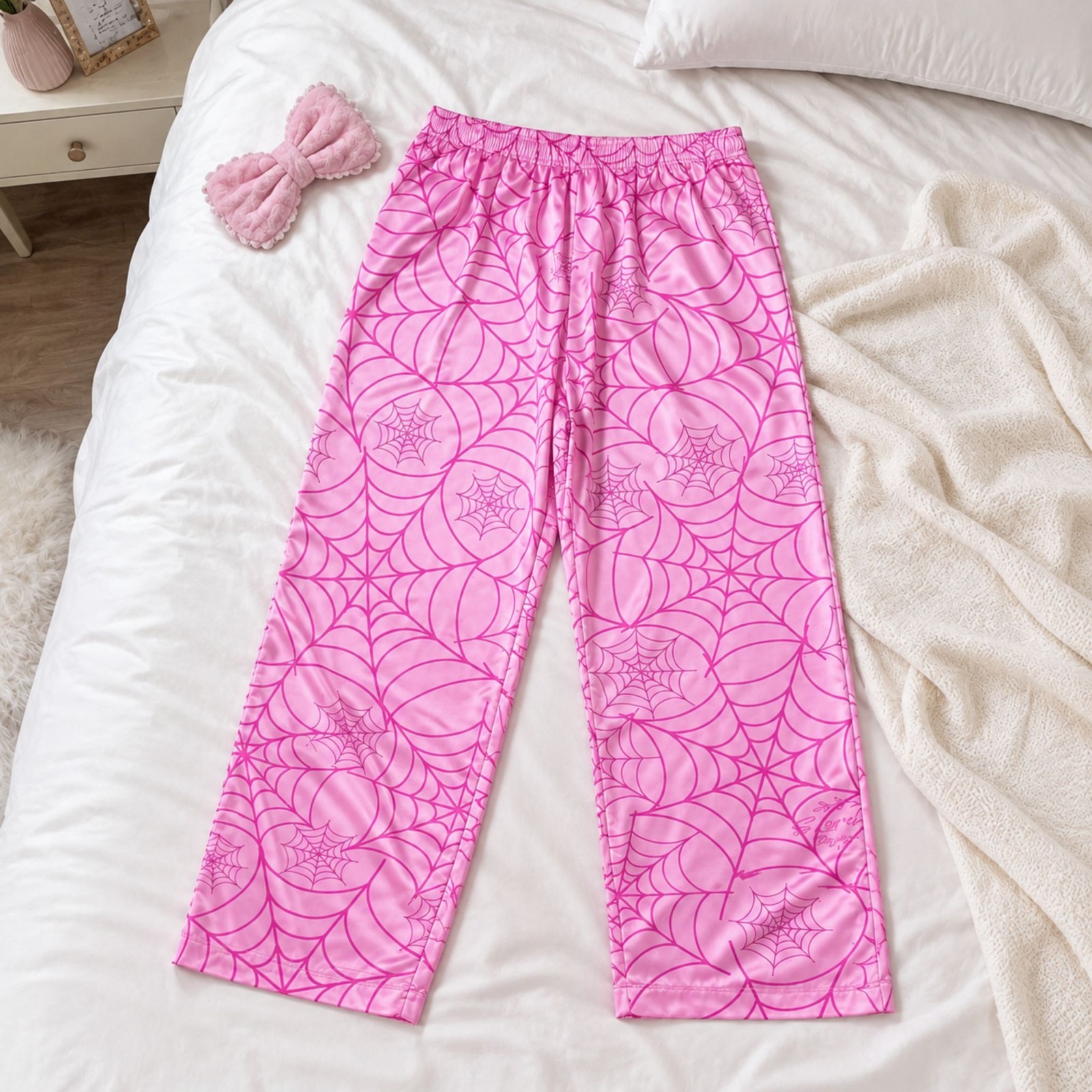 Women’s Pink Satin Pajama Pants Spider Web Print Soft Sleep Lounge Bottoms