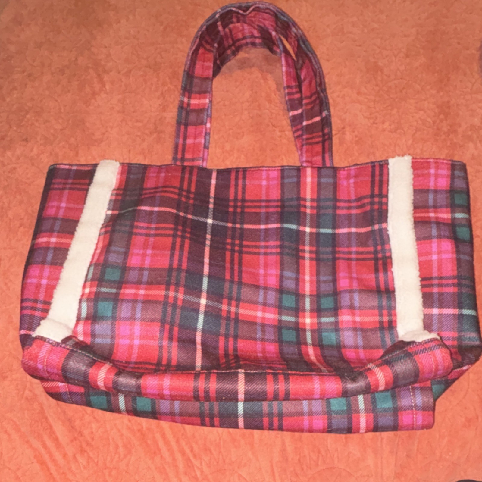 Victoria’s Secret Plaid Faux Fur Trim Tote Bag Pink Red with VS Logo for Women