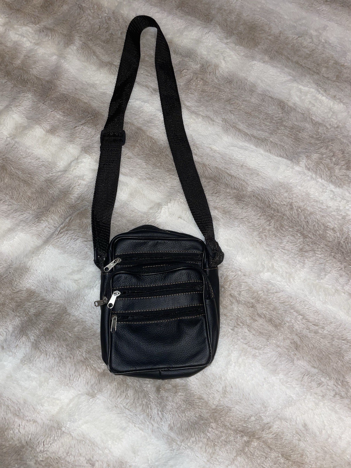 Real Leather Black Pebbled Crossbody Bag with Multi-Zip, Adjustable Strap