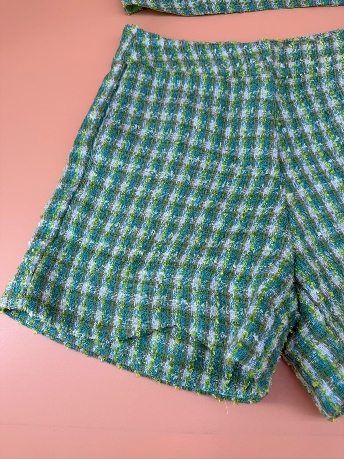 Brazilian Boutique Brand Aesthetic Green Tweed Crop Top and Shorts Set