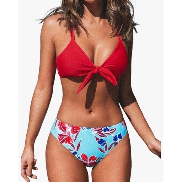 CUPSHE Womens Red Tie Front Bikini Top Blue Floral Print Bottom Two Piece Set