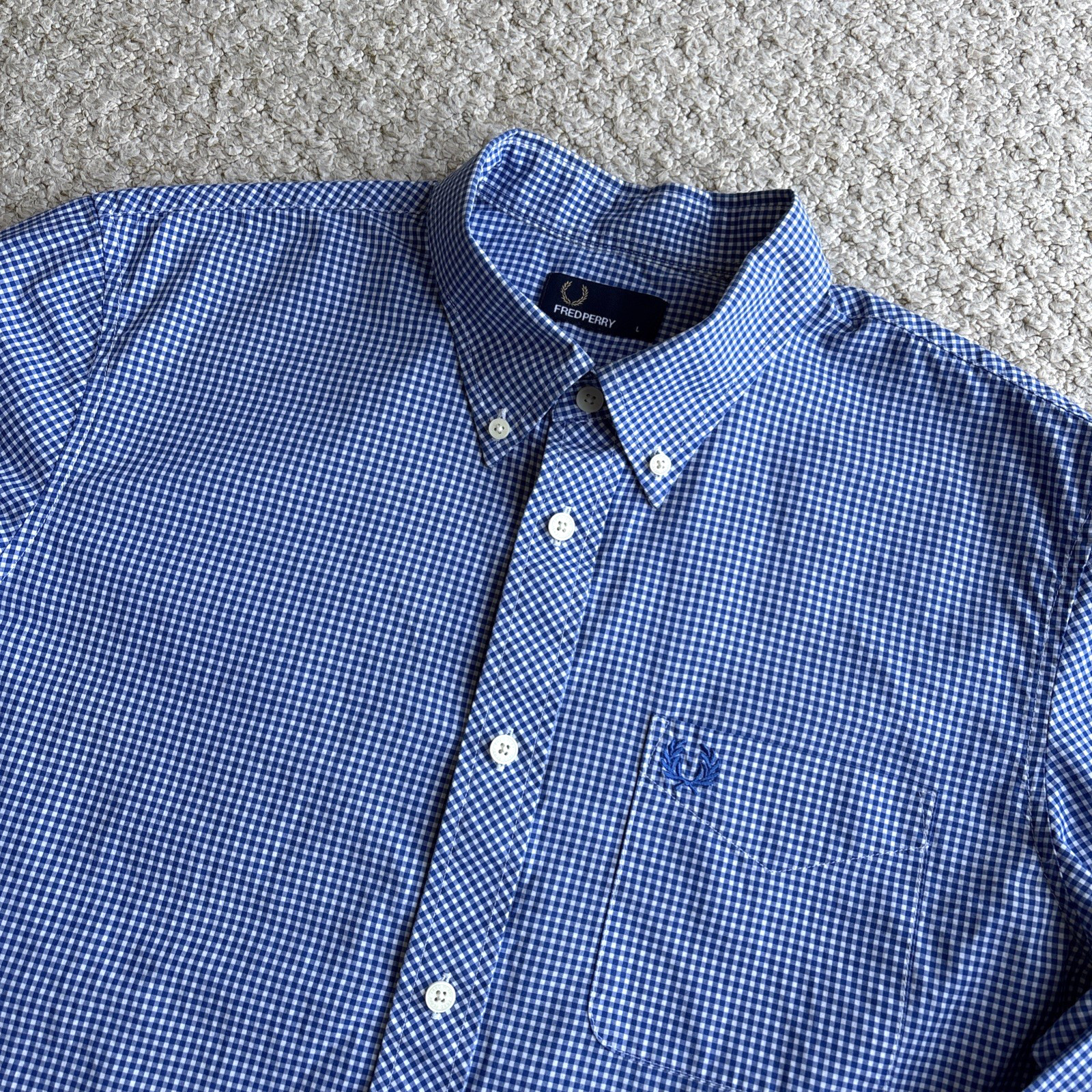 Fred Perry Gingham Check Shirt Men’s Large L Blue White Cotton Button Down