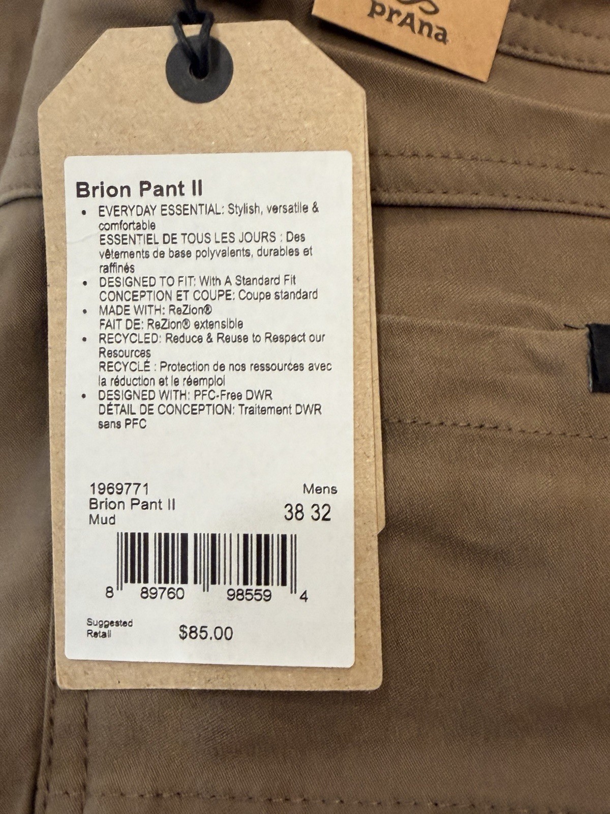 prAna Brion II Men’s ReZion Stretch Straight Leg Pants Mud 38”x32” – NWT