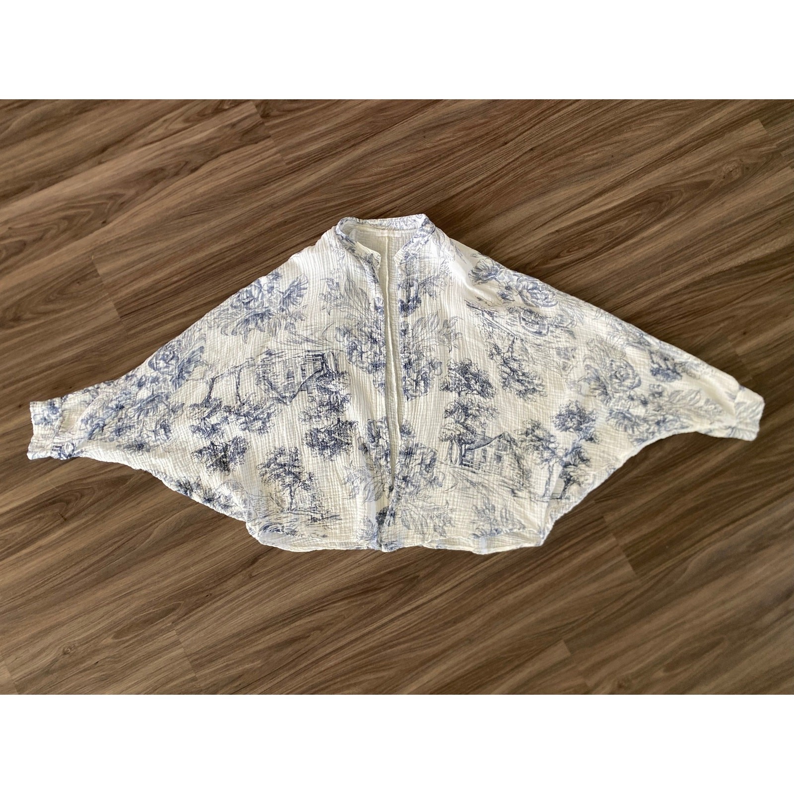 Milo Milano Blue White Toile Print Cotton Gauze Cardigan Dolman Sleeve Size M