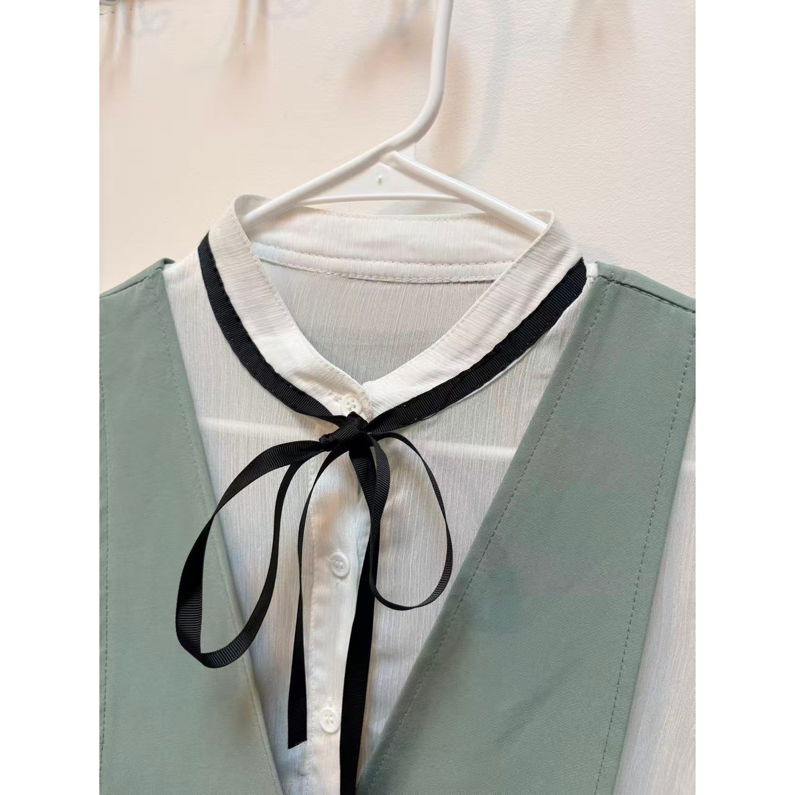 Korean Style 2 Piece Set Sage Green Pinafore Dress White Sheer Blouse Bow XS